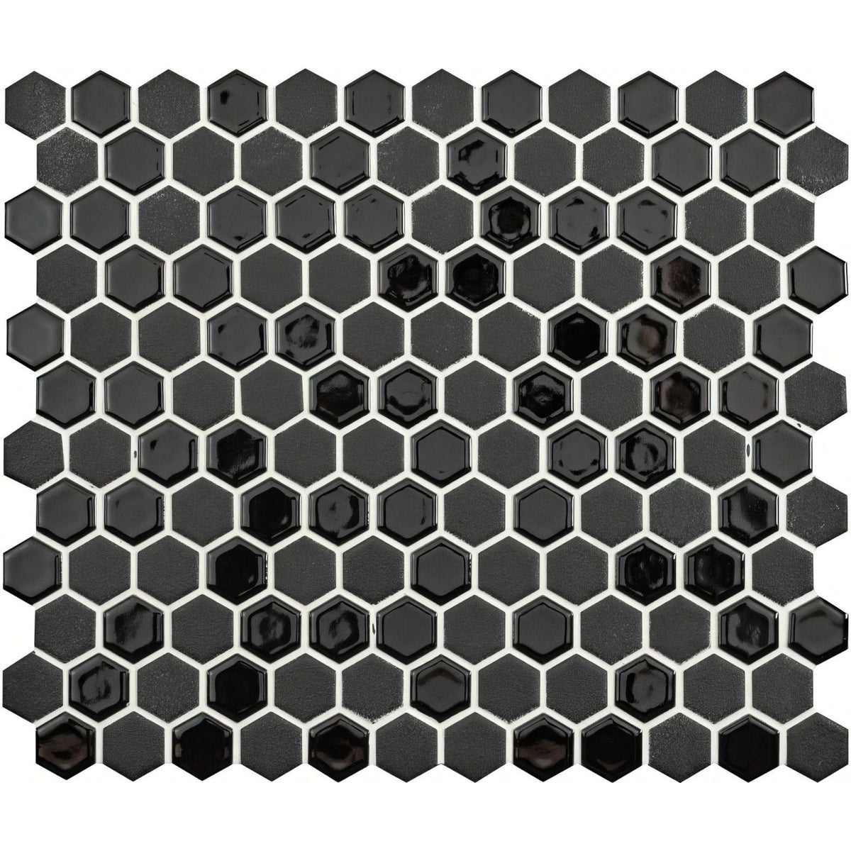 Mini black mixed hexagon glossy black glass mosaic tile with white grout lines for wall and floor decor