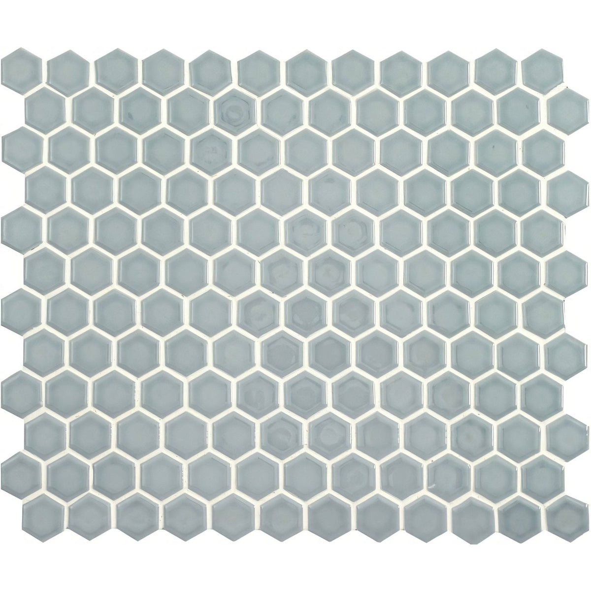 Mini light grey gloss hexagon tile with subtle glossy finish and white grout lines in a light gray hexagonal mosaic pattern