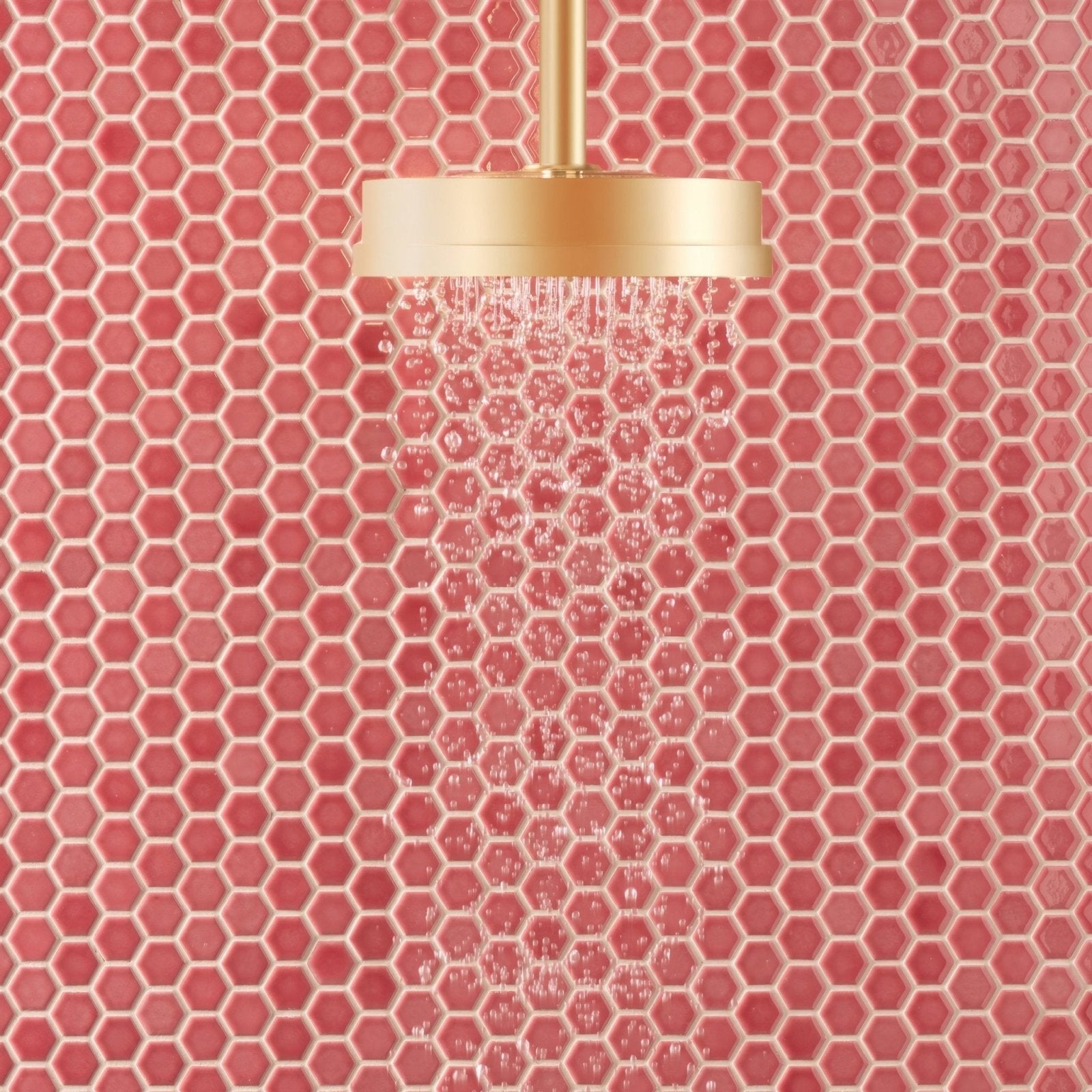 Mini Pink Gloss Hexagon pink hexagon mosaic with a gold showerhead