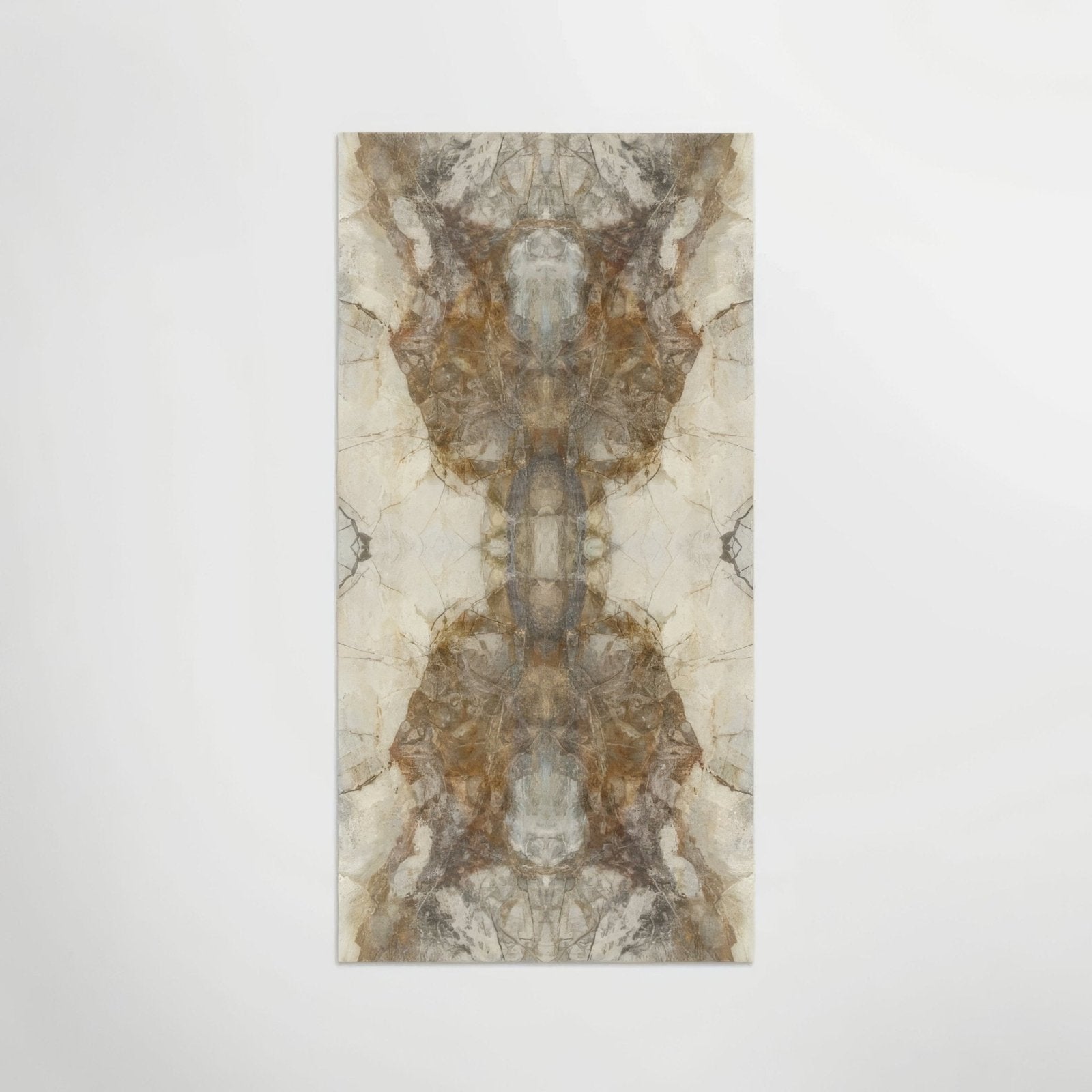 Mirrored Marble Gold Porcelain Bookmatched marble-effect porcelain panel with a symmetrical beige, brown and grey pattern