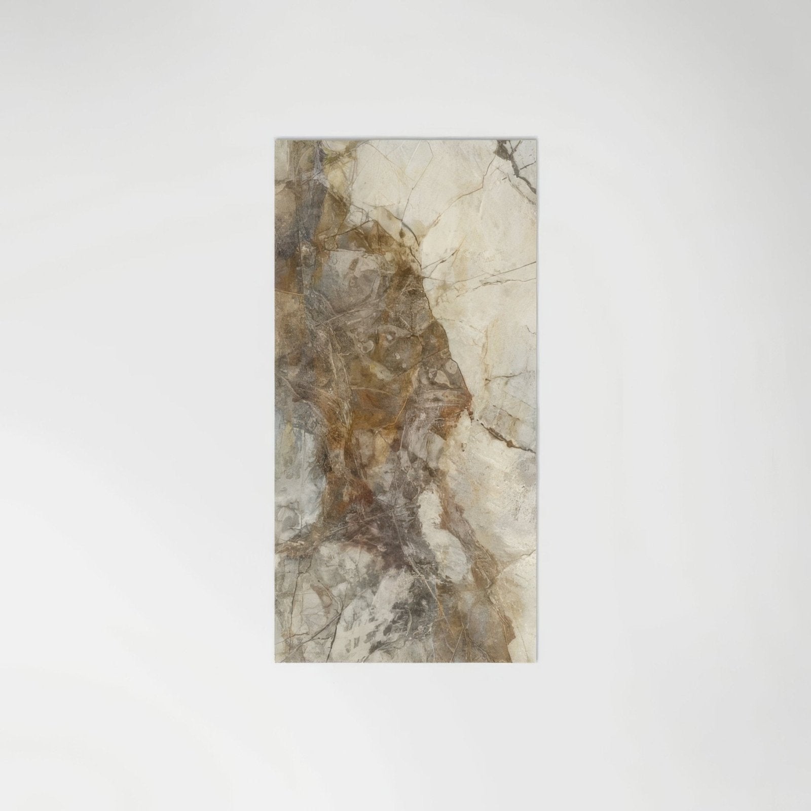Rectangular mirrored marble gold porcelain bookmatched wall panel with natural beige brown and gray veining pattern