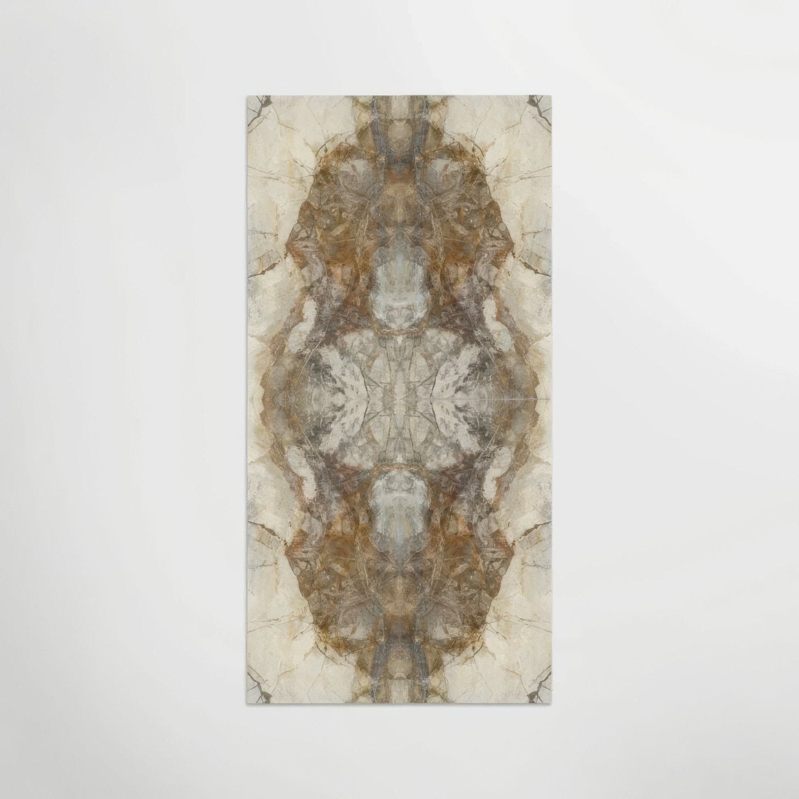 Mirrored Marble Gold Porcelain Bookmatched marble-effect porcelain panel with a symmetrical beige, brown and grey pattern
