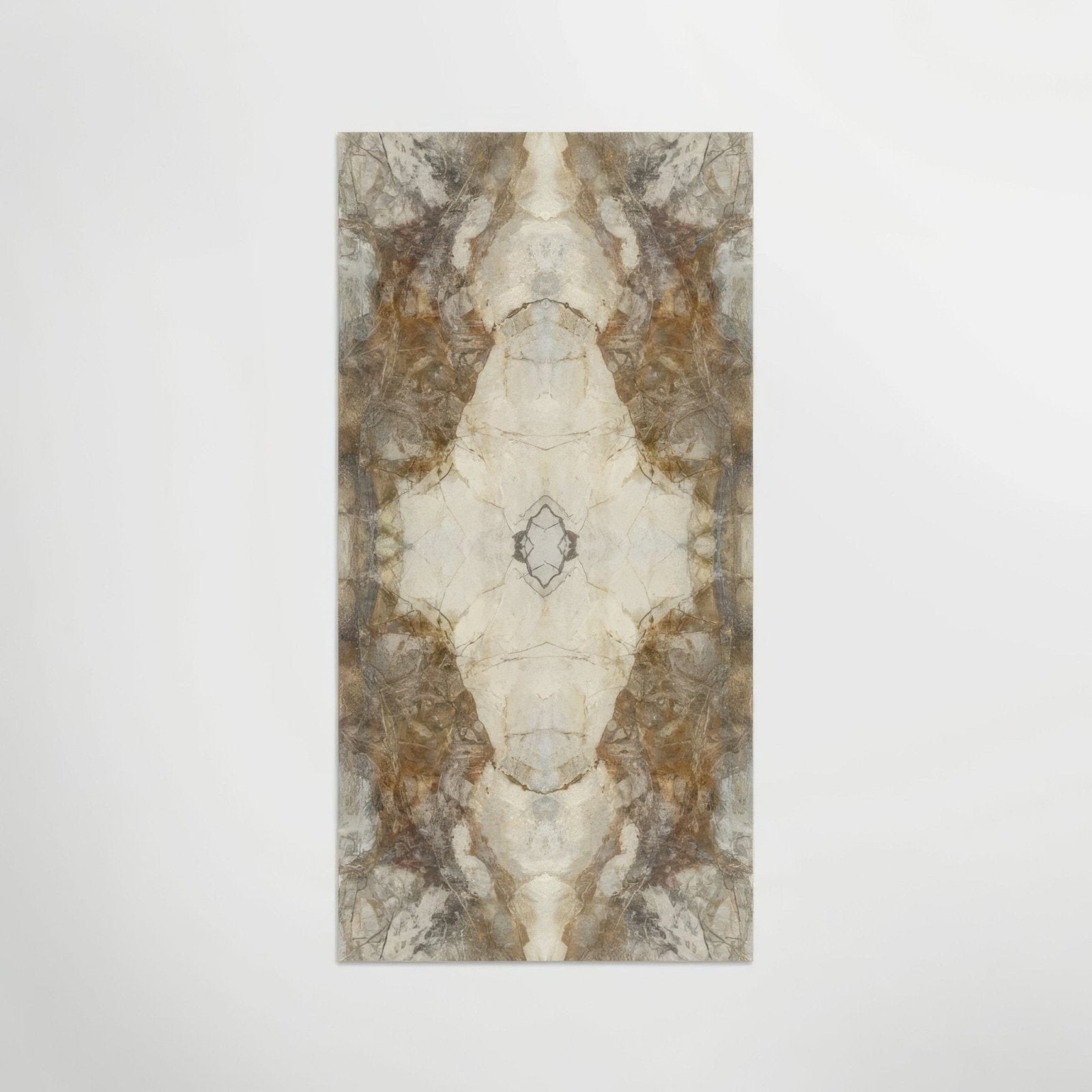 A rectangular porcelain panel with symmetrical bookmatched marble pattern in creamy white and earthy brown tones