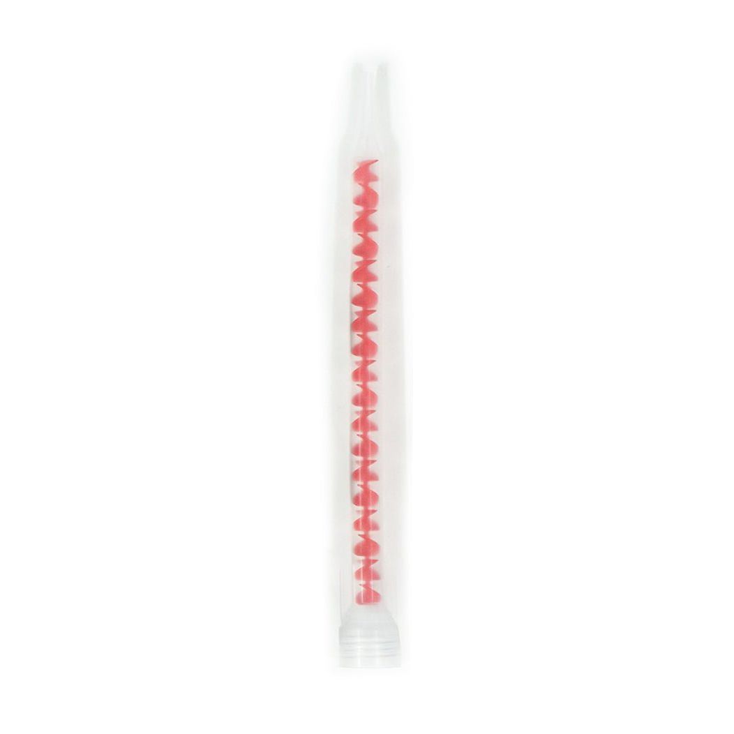 Clear plastic mixing nozzle tube with red spiral-shaped attachment for efficient mixing x3 pack