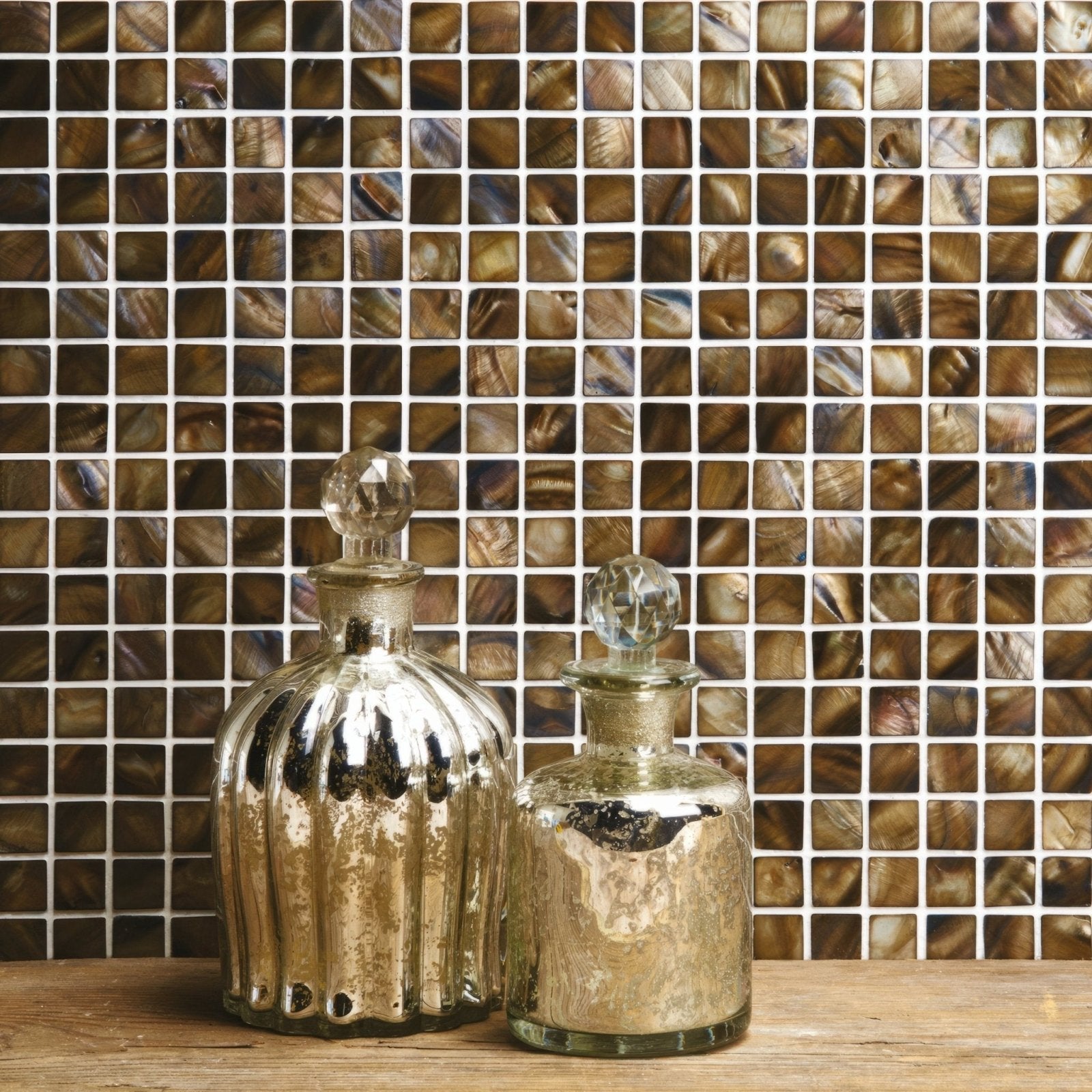 Modesty Shell Mosaic brown and silver iridescent mosaic with two mercury glass decanters