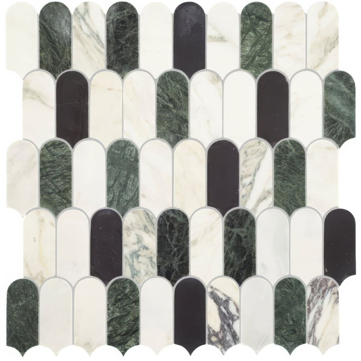 A sleek Monet Lorica mosaic tile panel with alternating deep green black and white marble strips and scalloped edges