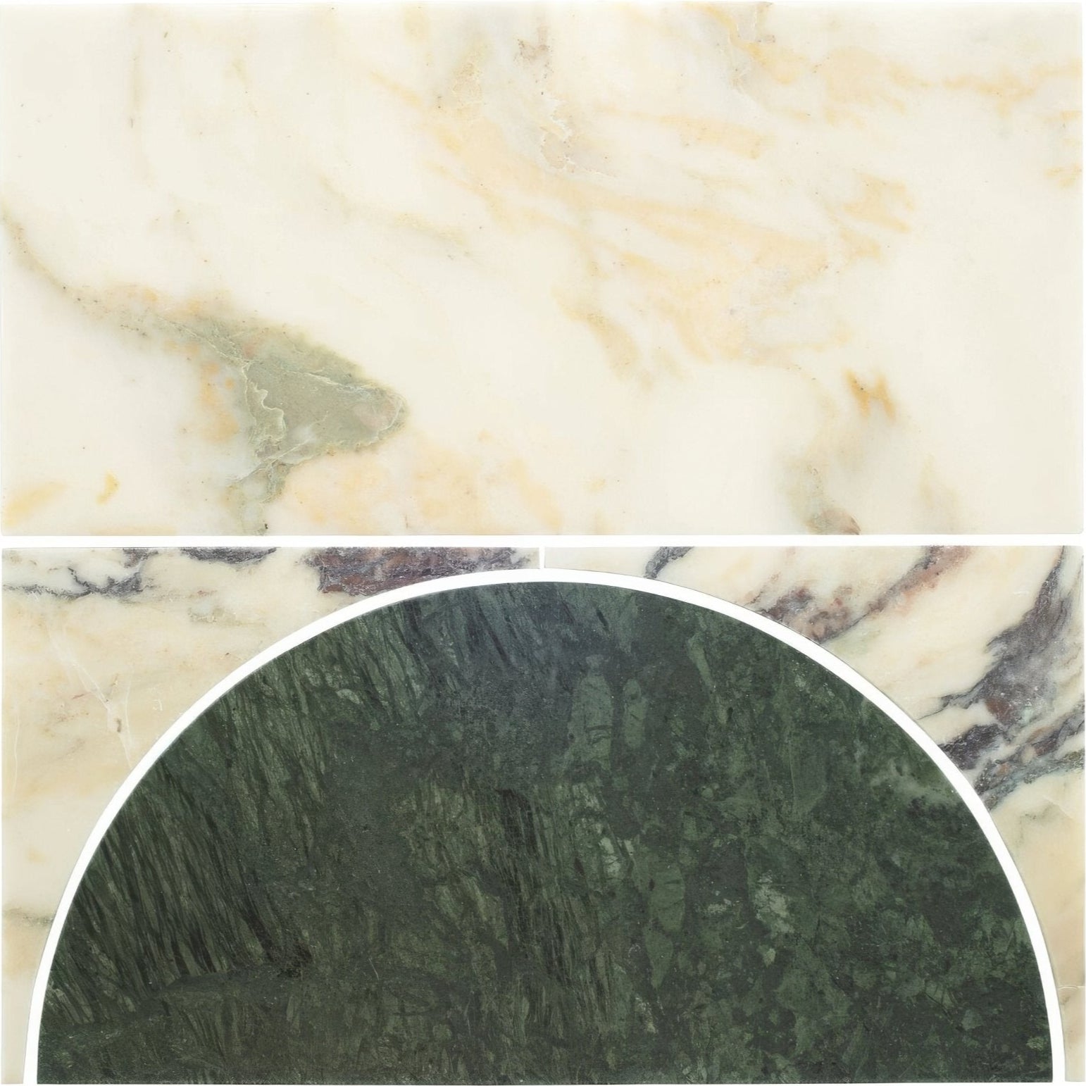 Monet luna calacatta marble samples with creamy white and deep forest green veining for luxurious surfaces