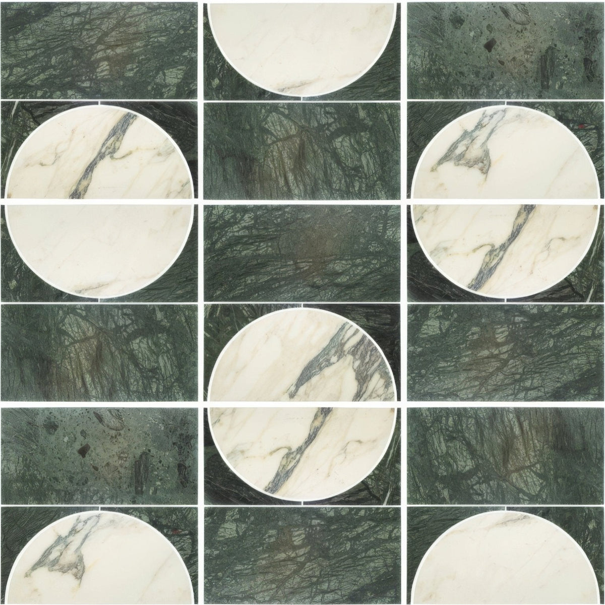 Monet luna verde circular marble tile with white base and dark green veining for elegant interior design