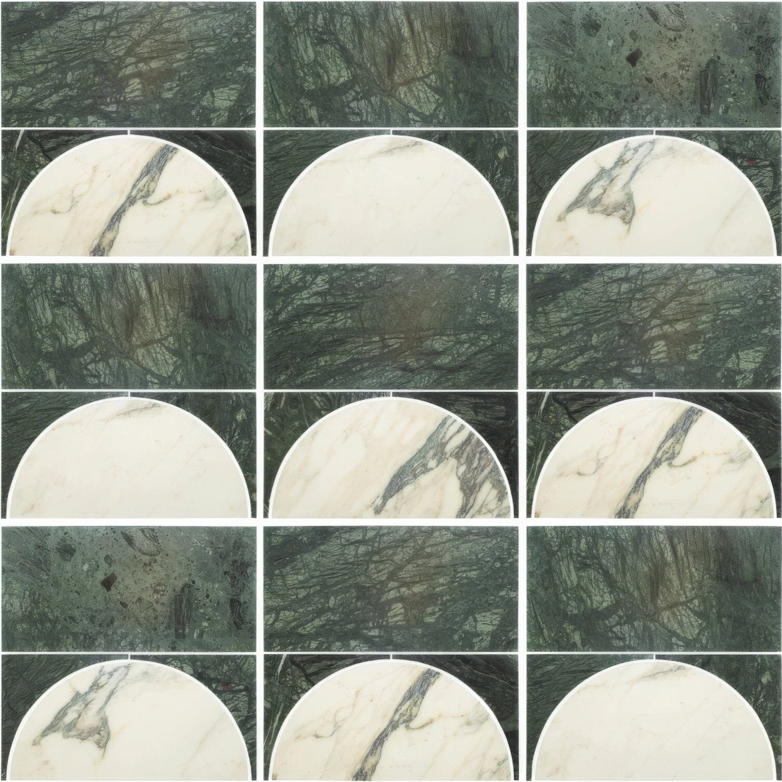 Circular marble slabs monet luna verde with contrasting white and dark green veining for elegant surfaces