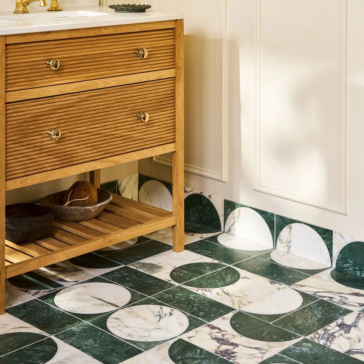 Monet luna verde green and white marble patterned floor tiles with circular and semi circular designs