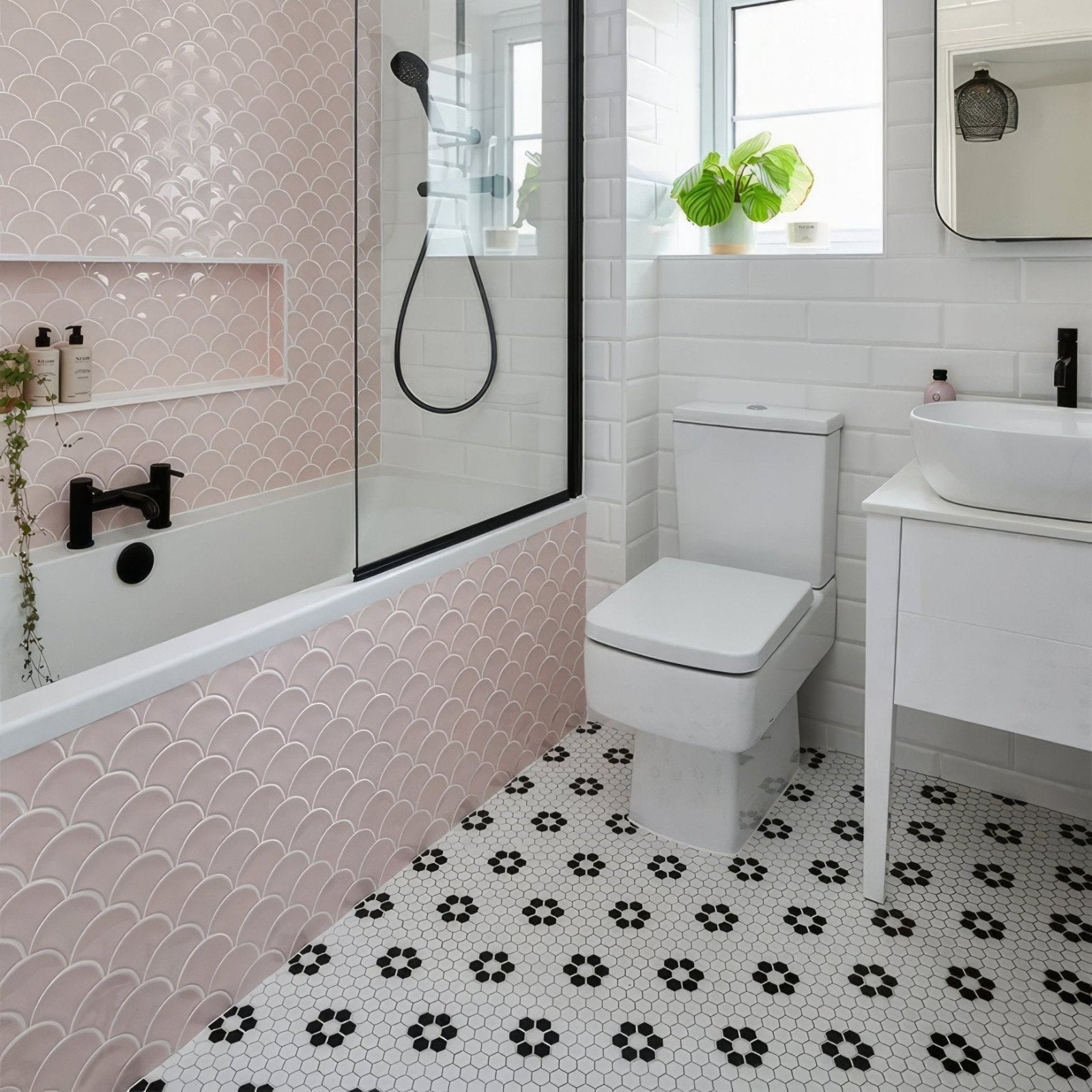 Mono Hex Porcelain Mosaic Daisy white hexagonal porcelain mosaic with a white ceramic toilet