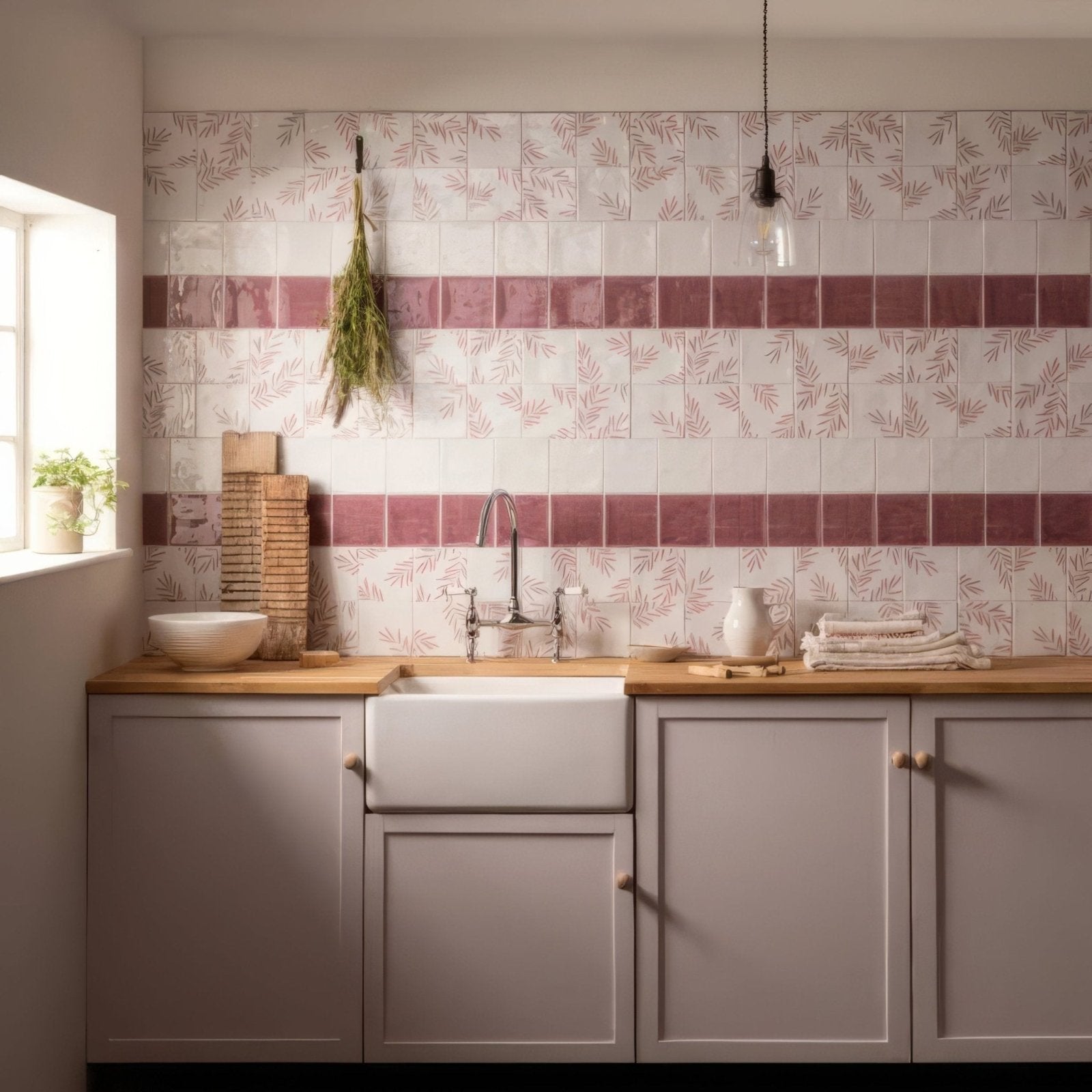 Montagne Tayberry 1 kitchen with white farmhouse sink and modern faucet set in light wood countertops and gray cabinets