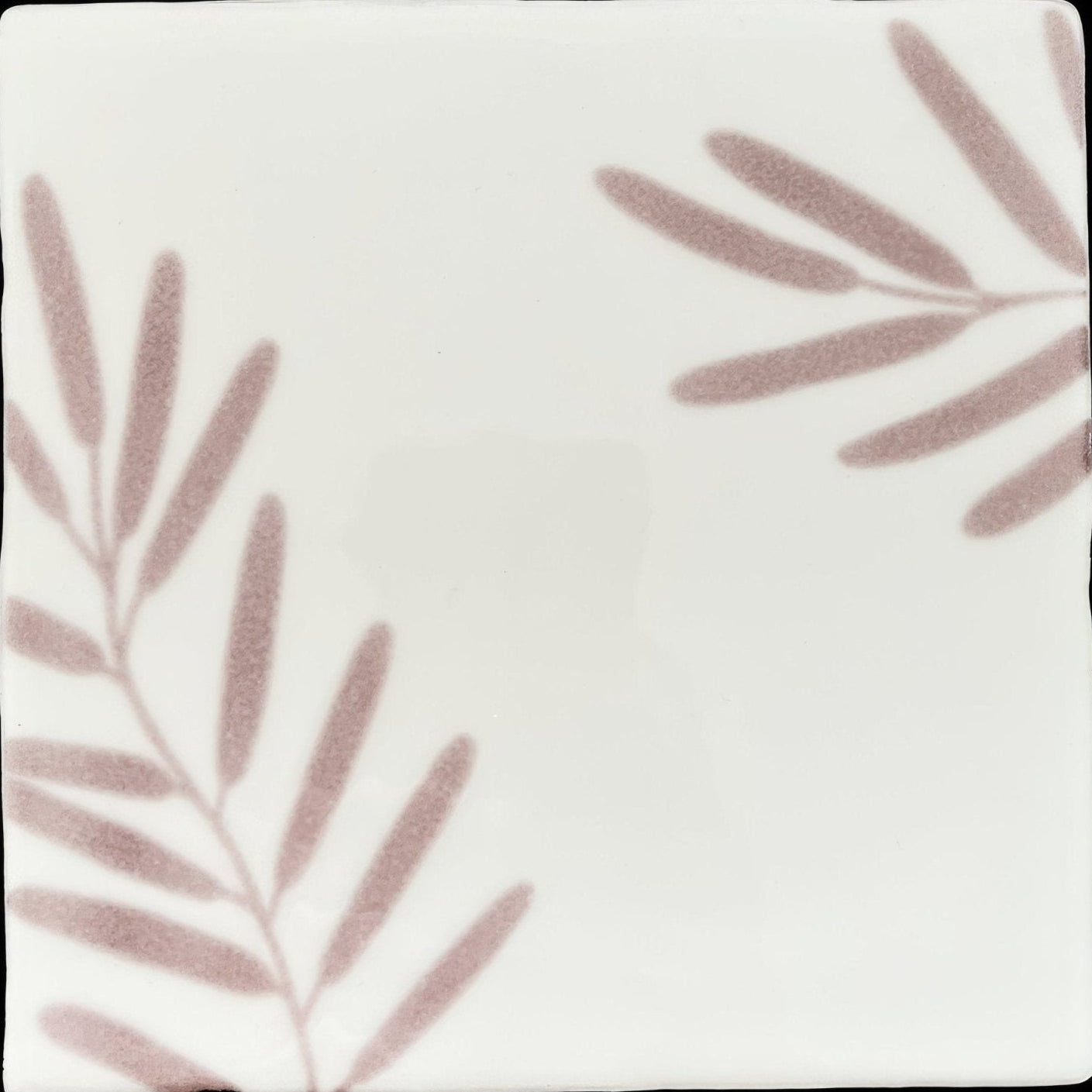 Montagne Tayberry 2 white ceramic tile with subtle mauve leaf patterns for elegant wall or floor decoration