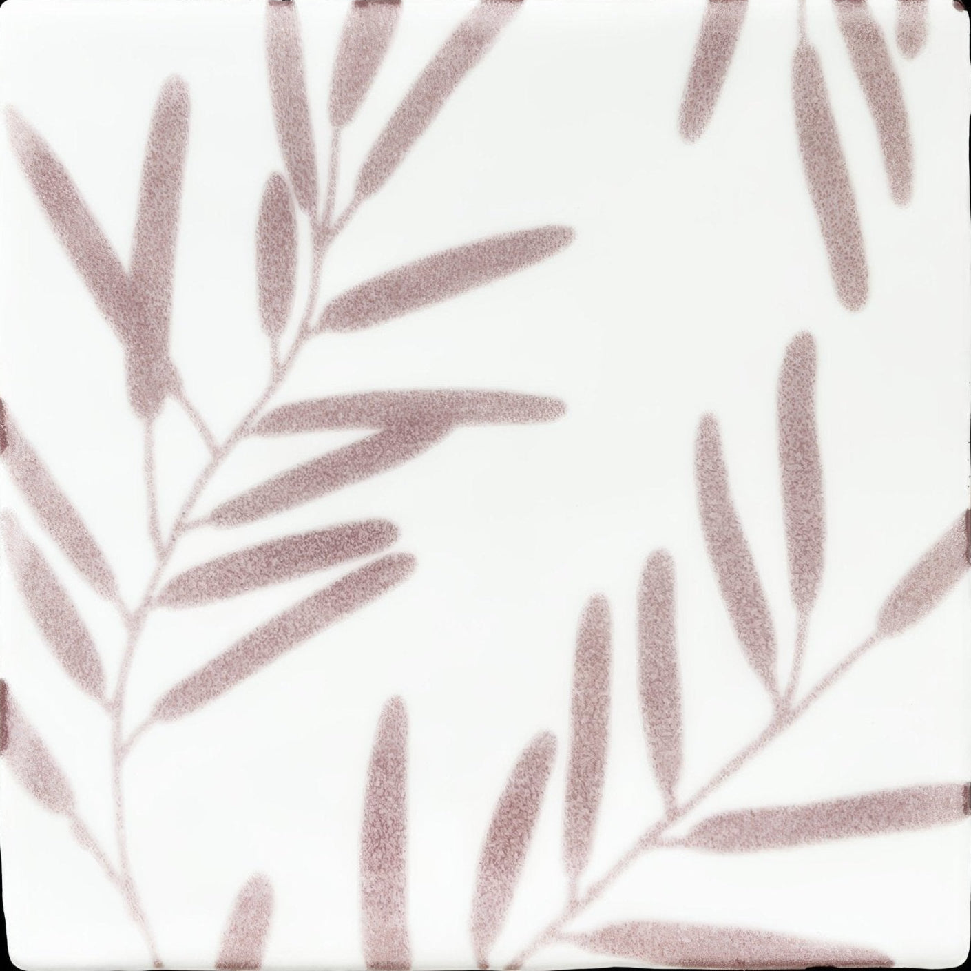 A square white ceramic tile with a dusty rose botanical leaf pattern from montagne tayberry 4 collection