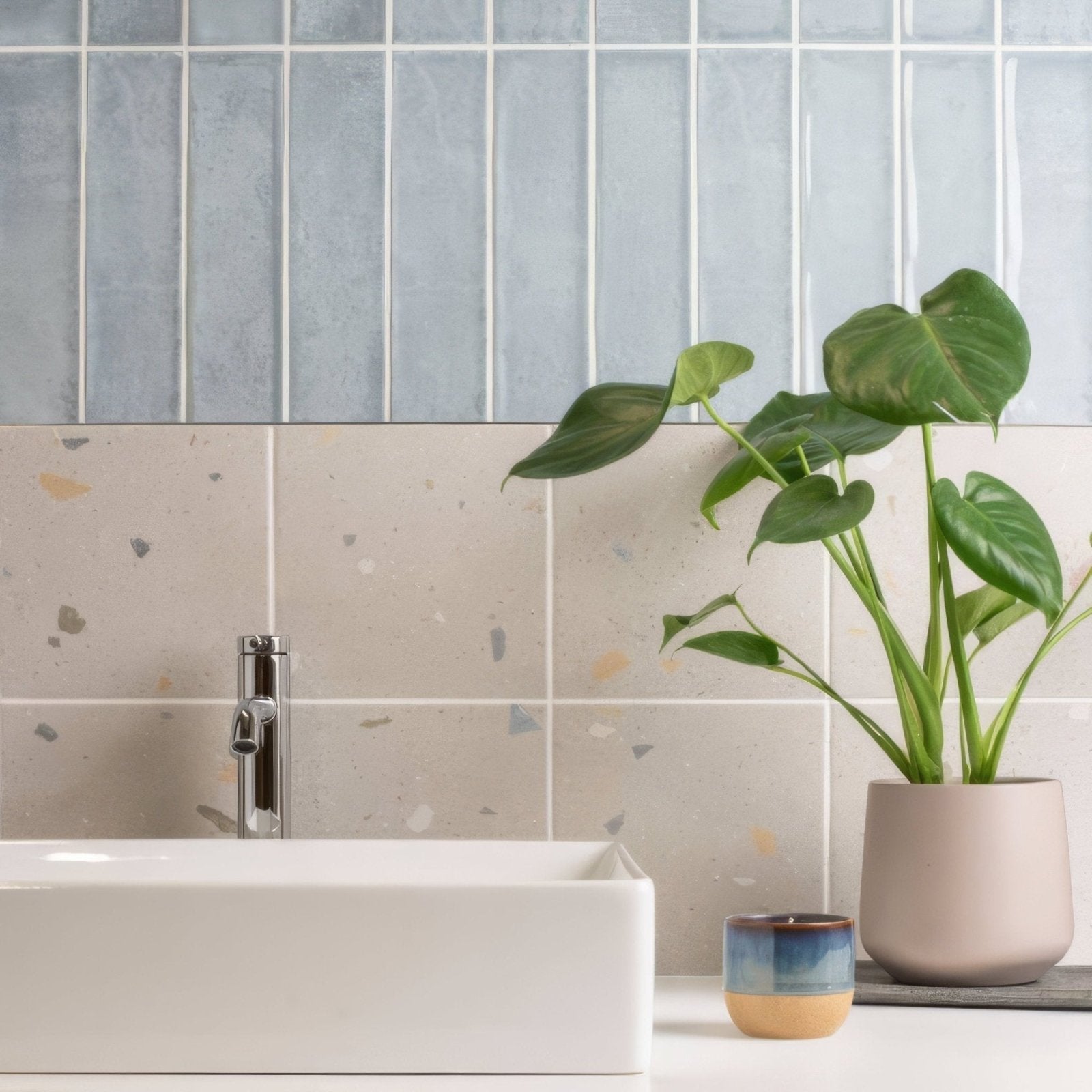 Montblanc denim 30x7.5cm sleek white ceramic sink with modern chrome faucet and light blue beige terrazzo tiles background