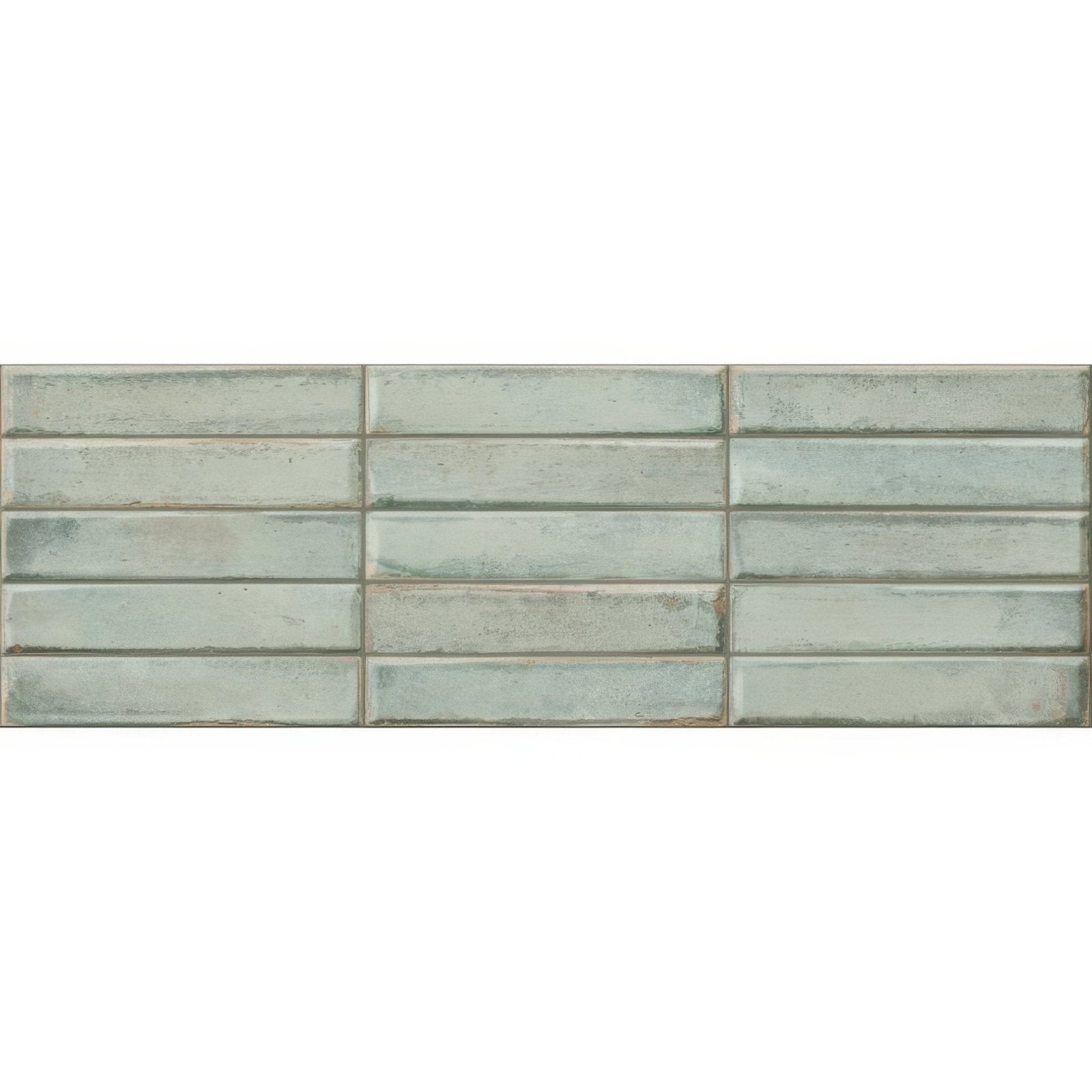 Montblanc sage stack 60 x 20cm rectangular light sage green ceramic tiles with subtle distressed finish and visible grout lines