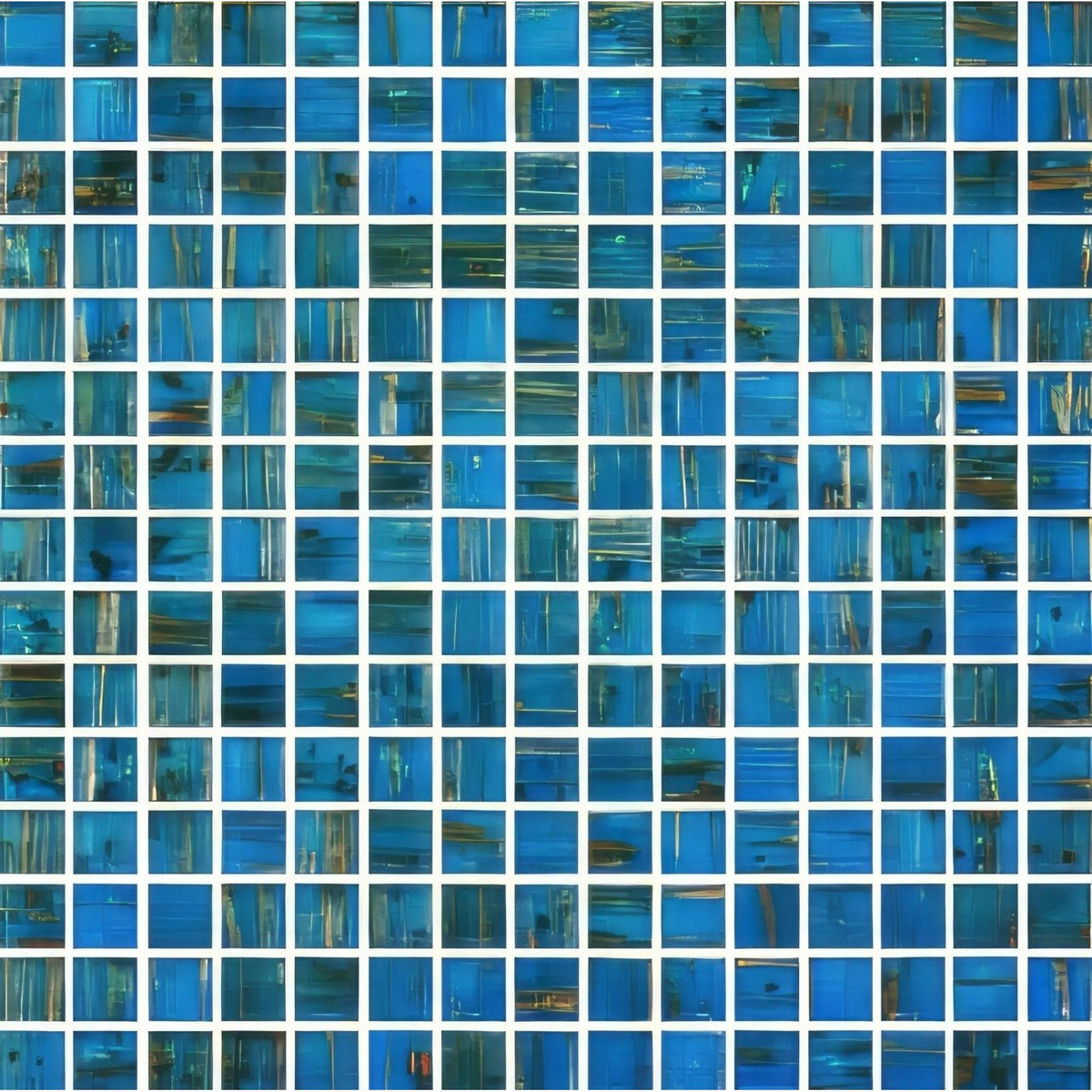 Monte cristo gold fleck glass mosaic 20mm featuring blue textured translucent tiles with subtle golden streaks