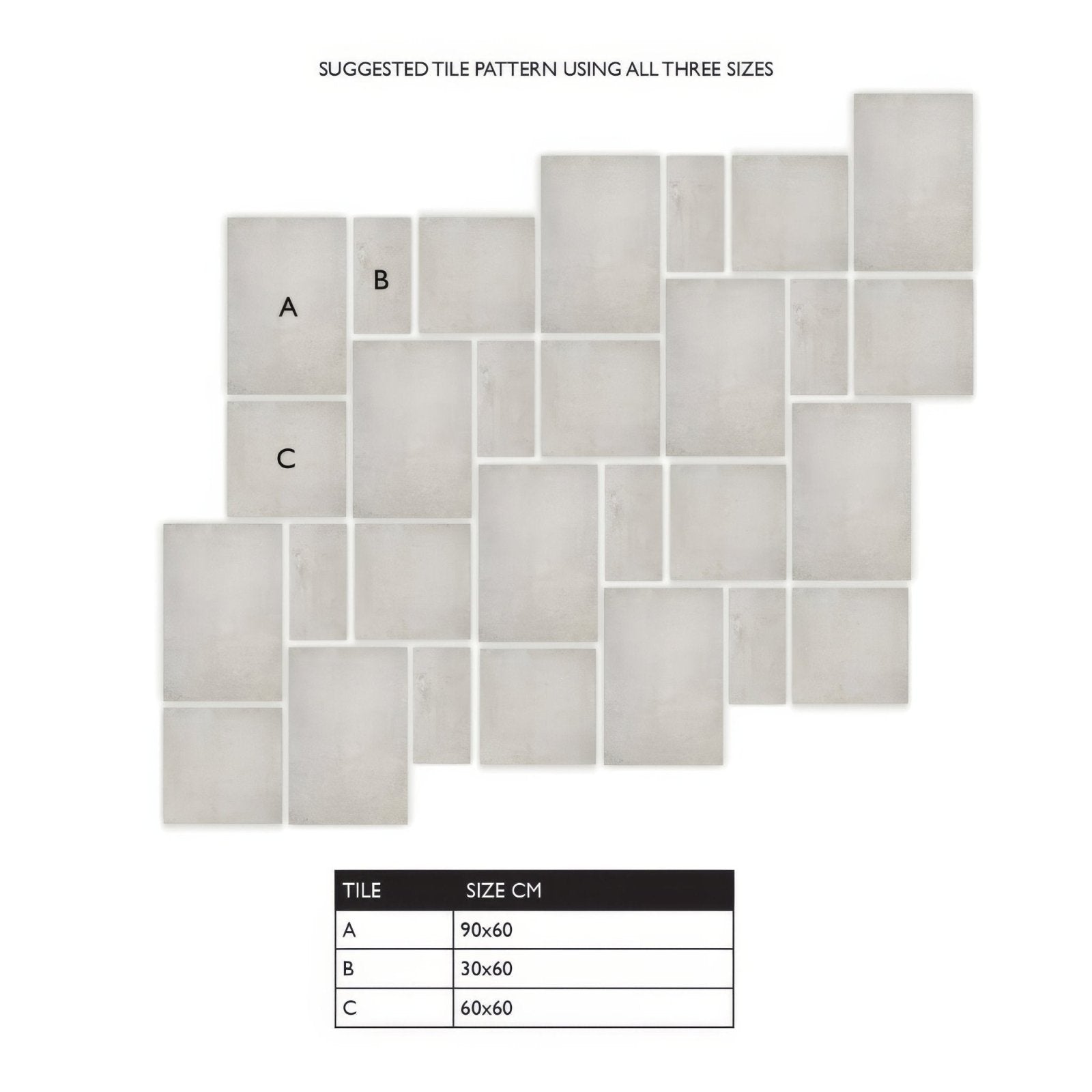 Suggested tile pattern using three sizes of light gray matte rectangular tiles for montpellier portes 60 x 30 cm
