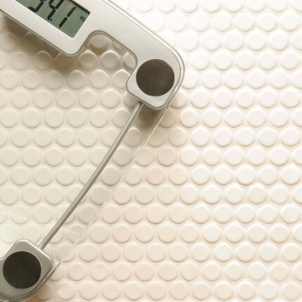 Moonbeam Penny Round Floor Mosaic white penny round mosaic with a glass bathroom scale
