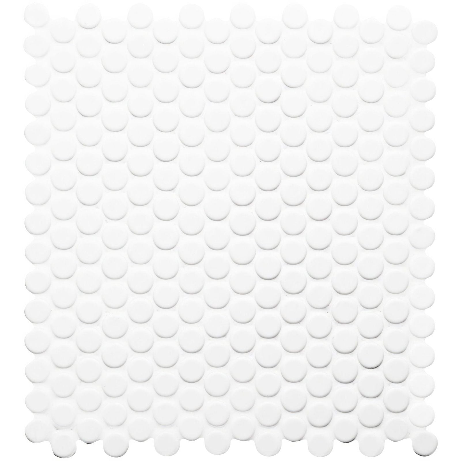 White circular penny round floor mosaic tile with smooth glossy finish in moonbeam style