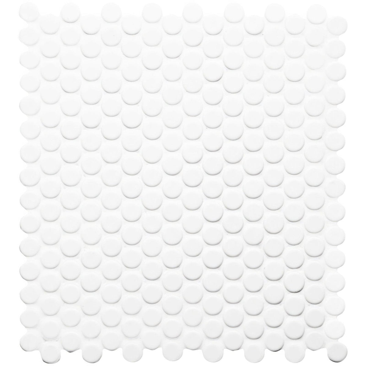White circular penny round floor mosaic tile with smooth glossy finish in moonbeam style