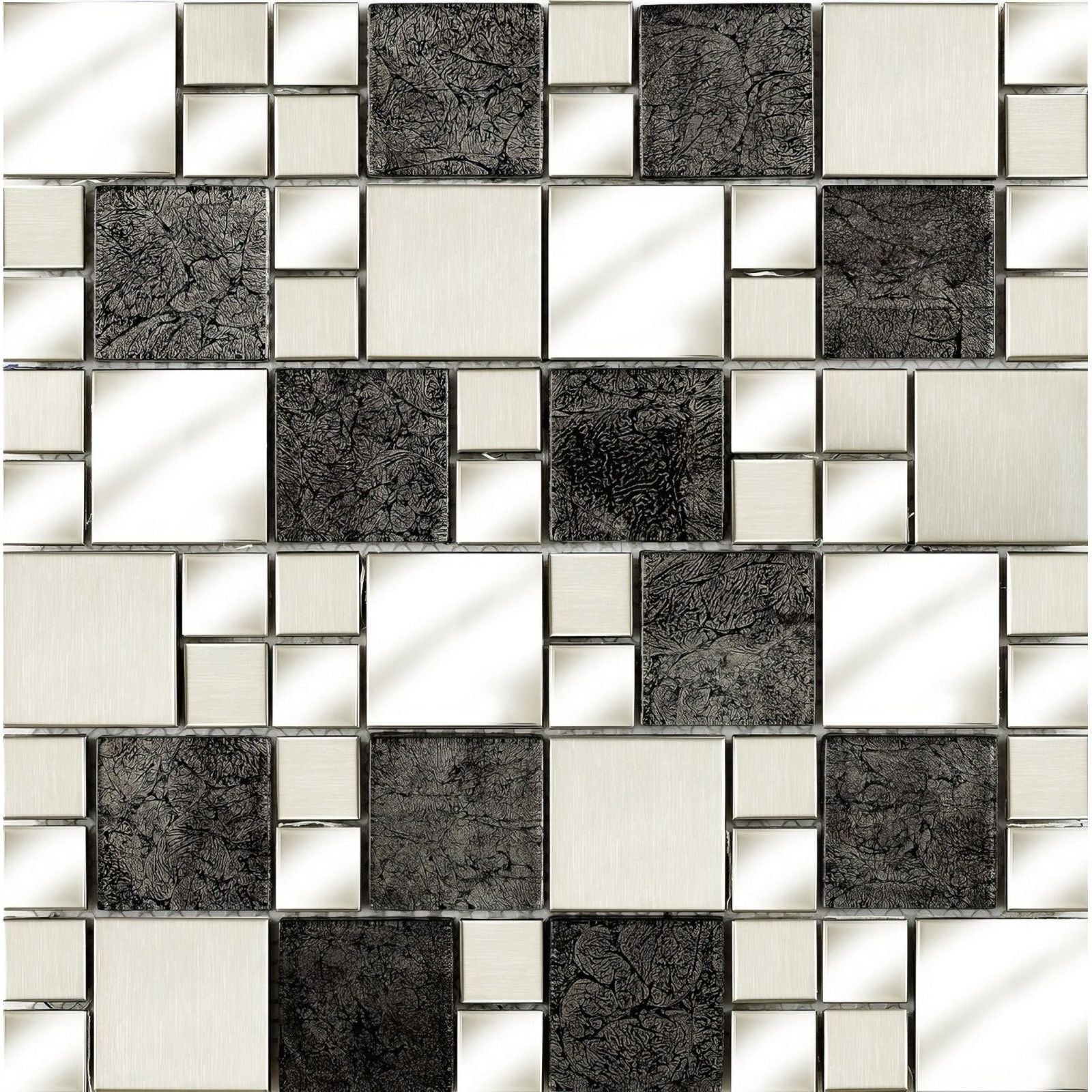 Black and white moonlight glass metal mix modular mosaic panel with smooth glass and textured stone tiles in metallic grout