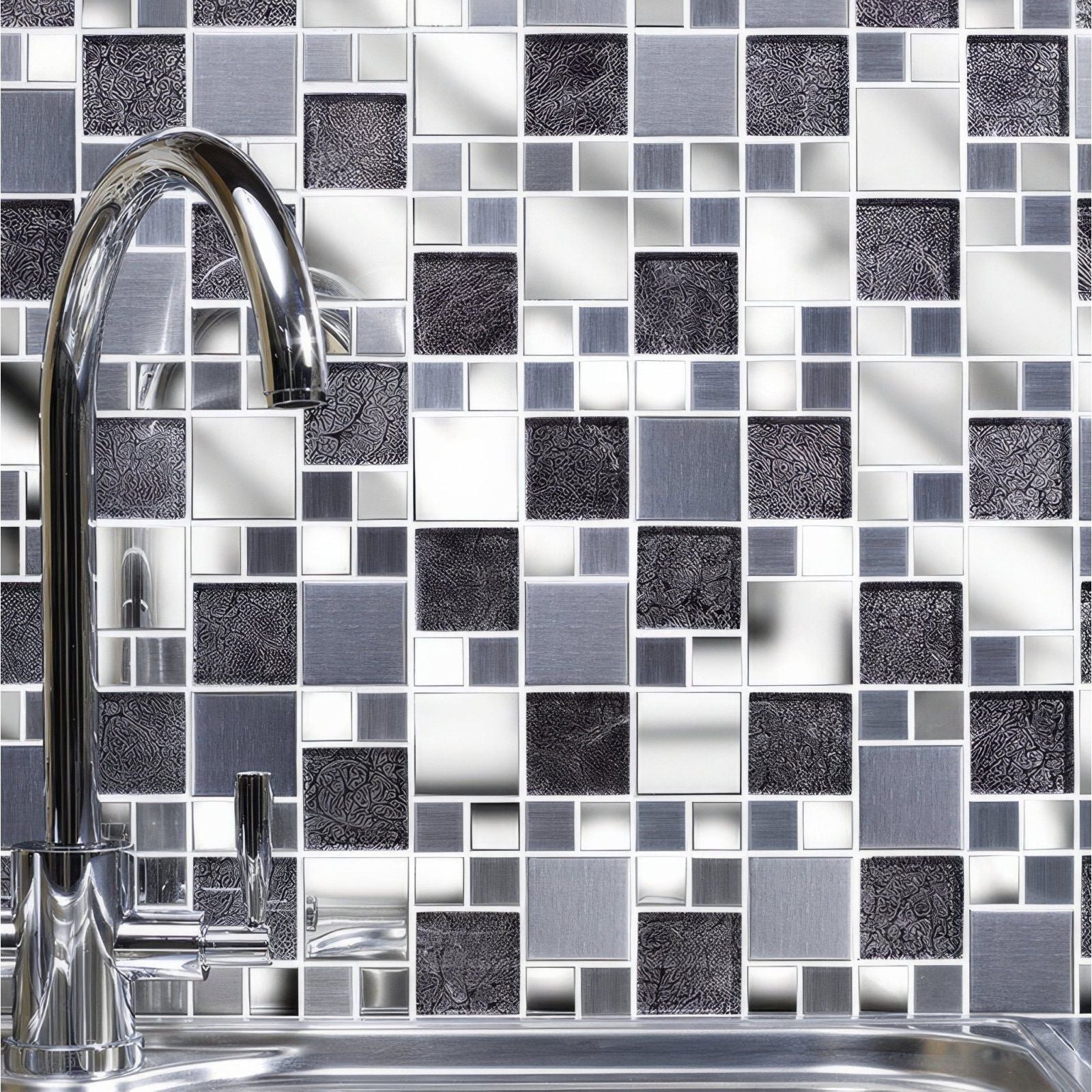 Chrome-finished kitchen faucet with sleek curved spout and polished metal handles in moonlight glass metal mix modular mosaic