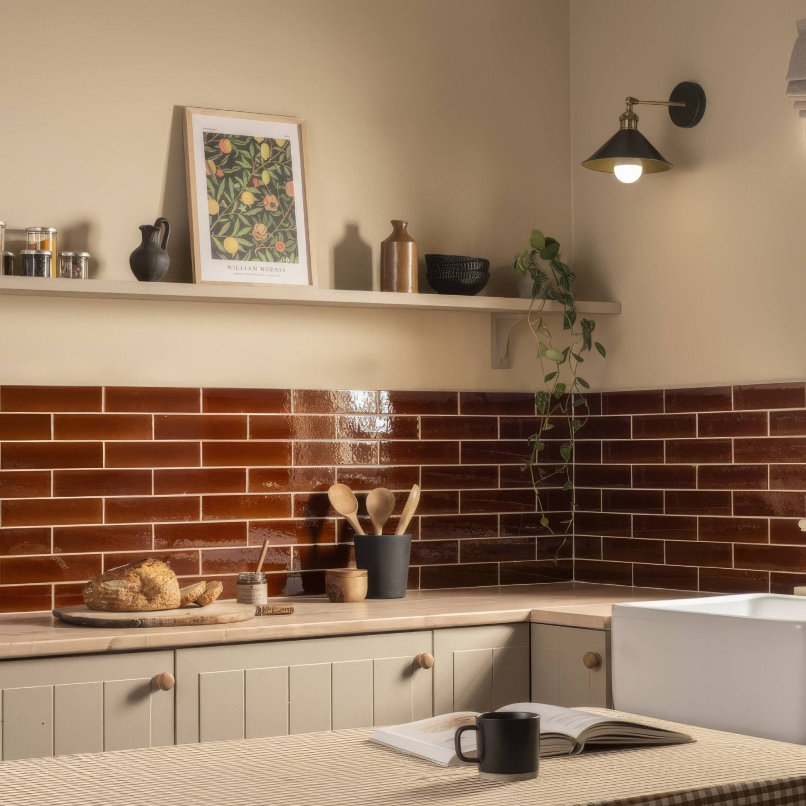Warm amber-brown glossy subway moor brick tile forming a cohesive kitchen backsplash behind the counter