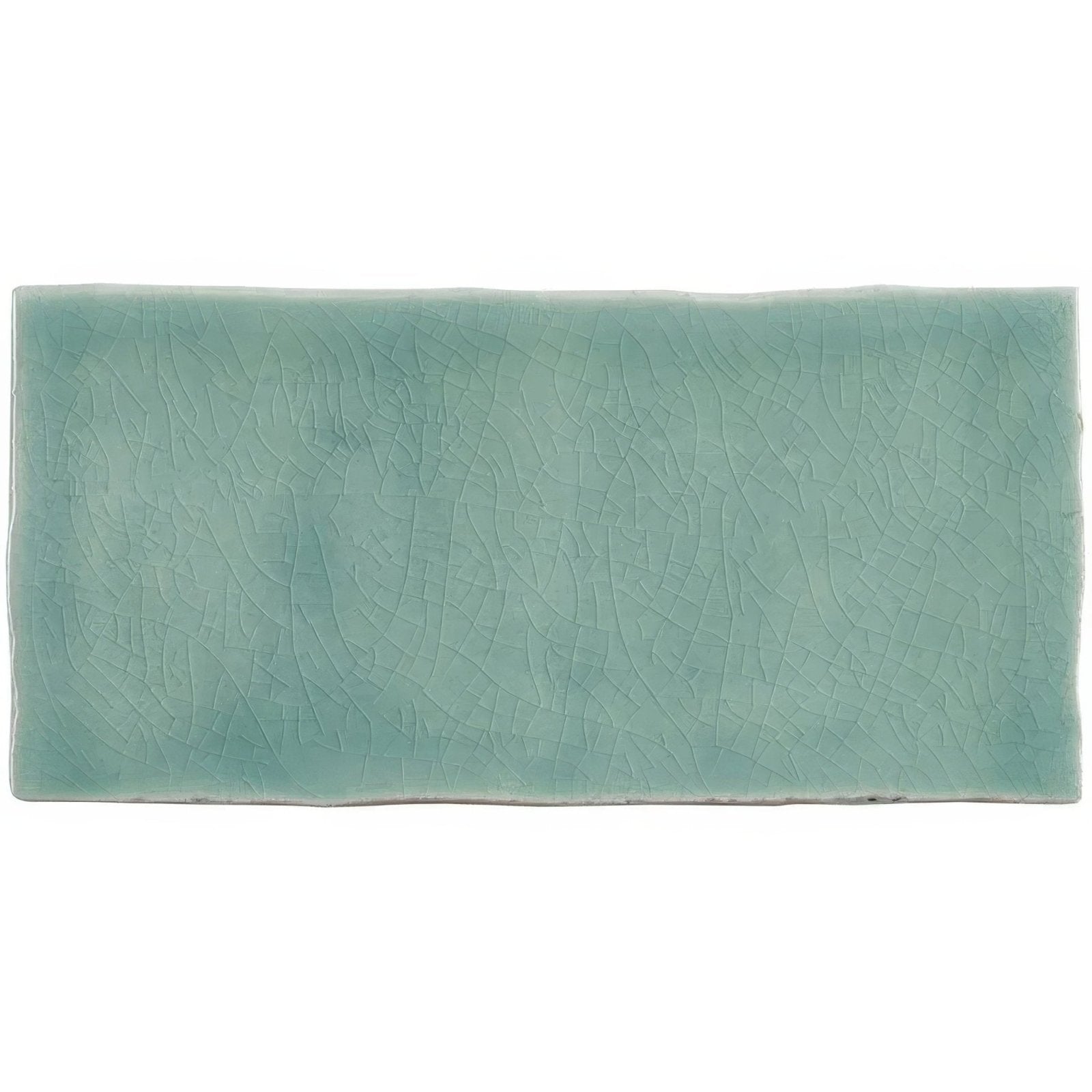 A rectangular half tile moselle ceramic tile with a soft teal glaze and subtle crackle texture