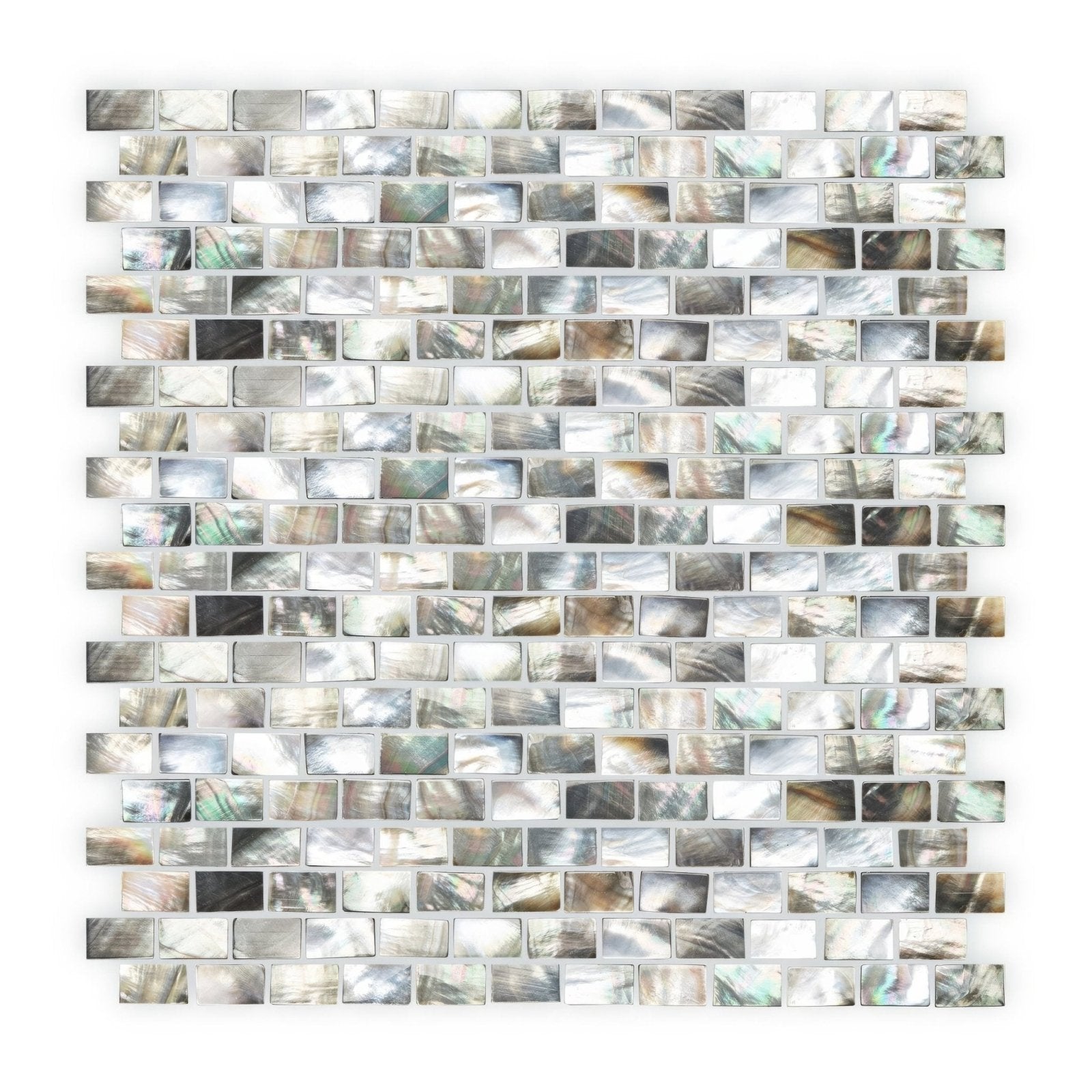 A shimmering mother of pearl black rectangle brick mosaic panel with iridescent silver gray and soft green tiles