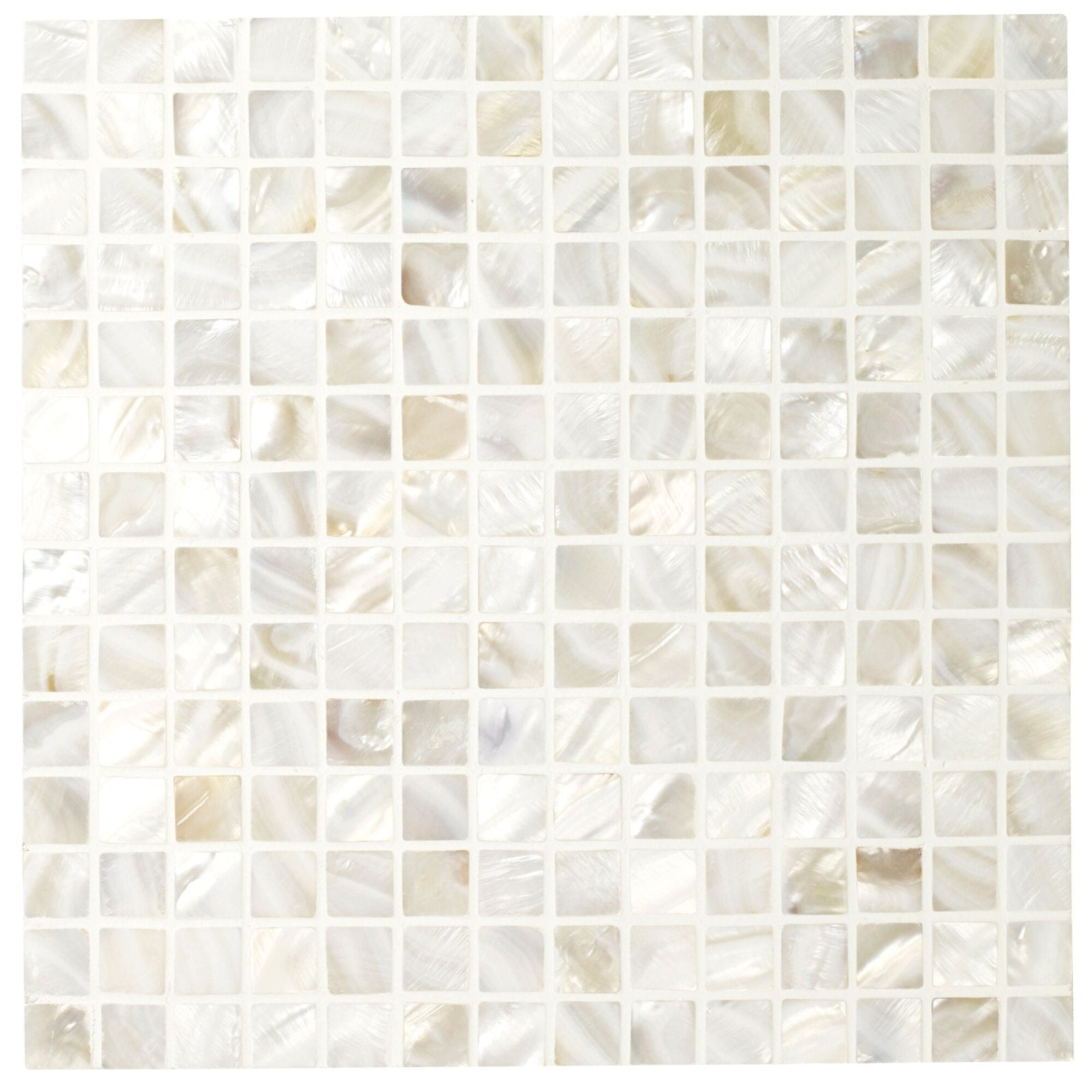 Mother of pearl white square mosaic tile with subtle iridescent sheen and natural organic patterns