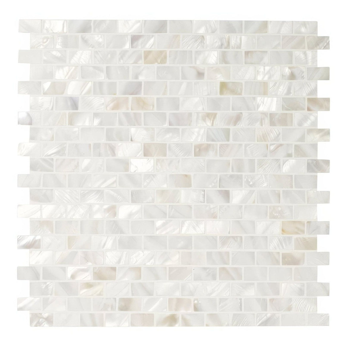 Mother of pearl white rectangle brick mosaic tile with iridescent sheen and irregular rectangular pieces in staggered pattern