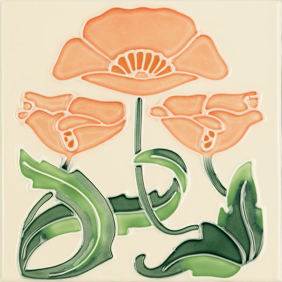 A square ceramic moulin rouge tube-lined tile with peach poppies and green leaves on county white background