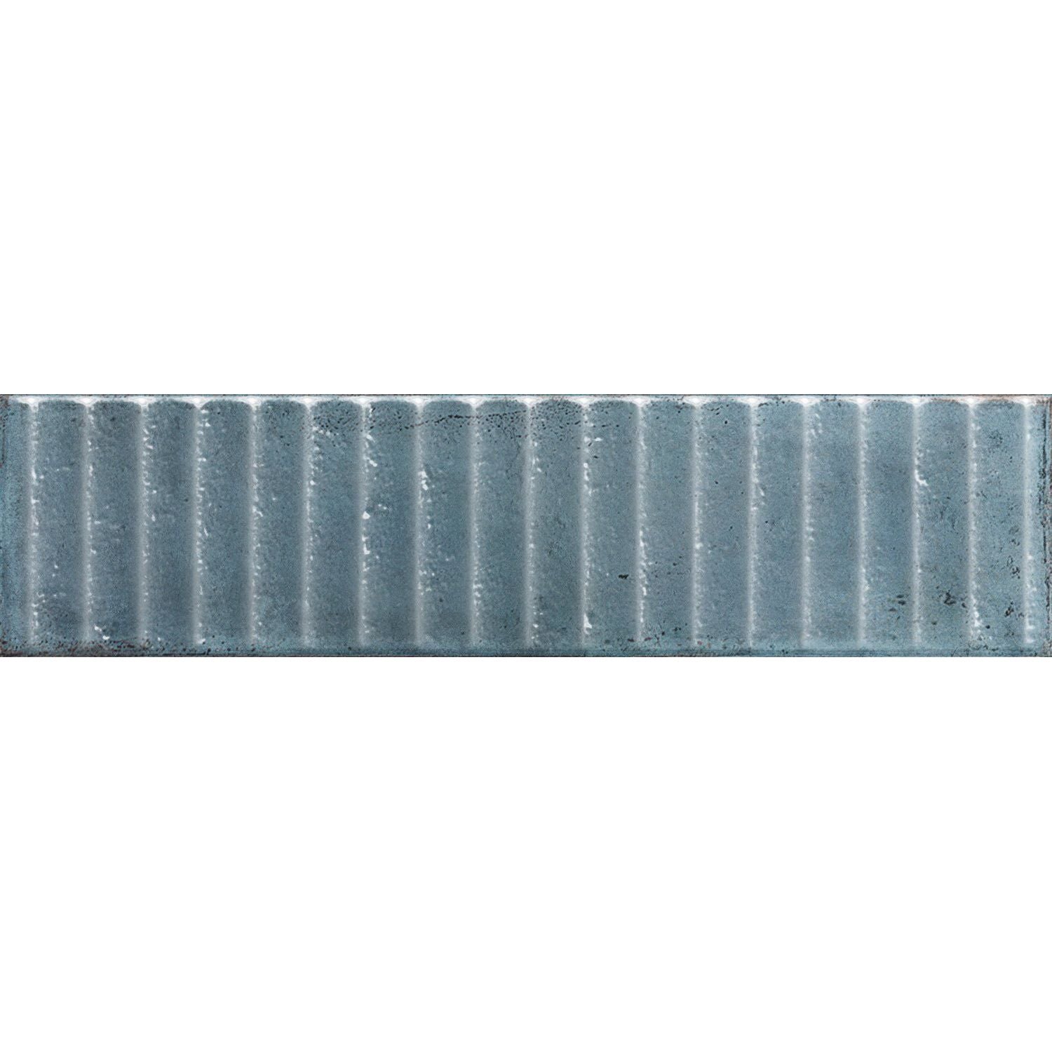 Gray corrugated metal strip with a weathered rustic finish featured in mussa way blue brillo product design