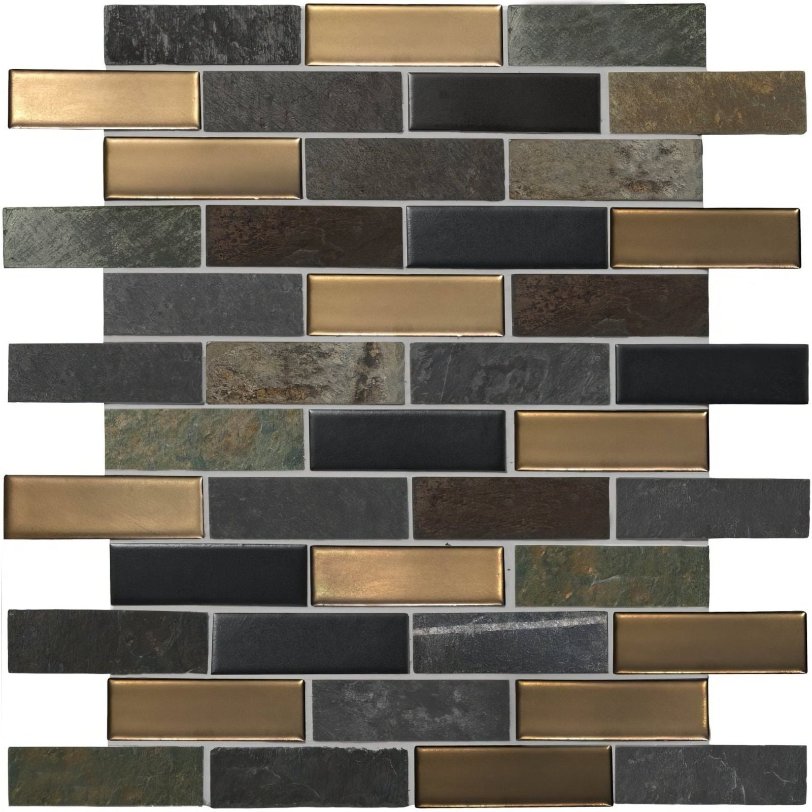 Modern mosaic tile panel naga stone and ceramic mosaic with staggered dark slate and brushed gold glass rectangles