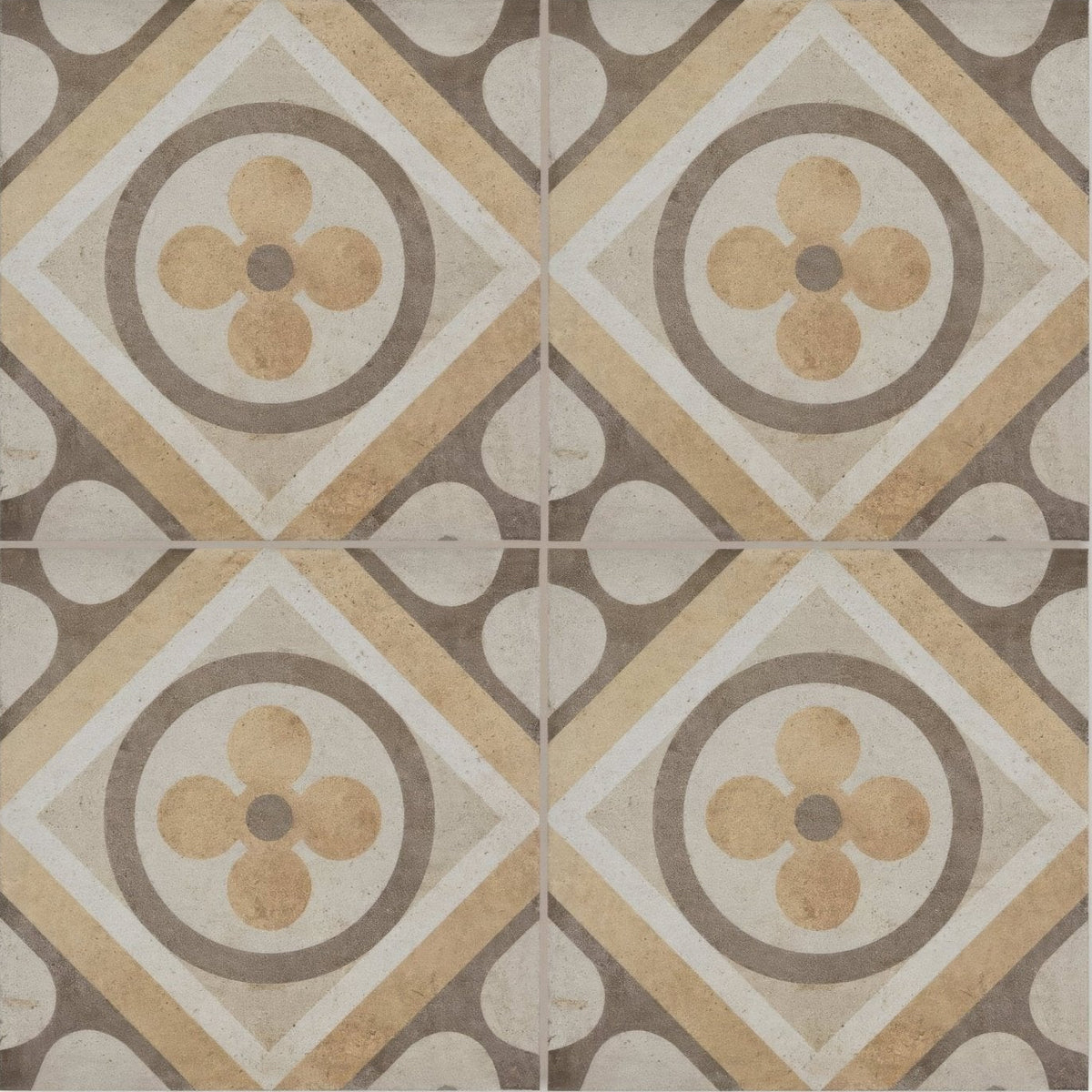Beige and gray geometric patterned tile with vintage floral design from naples elenora collection