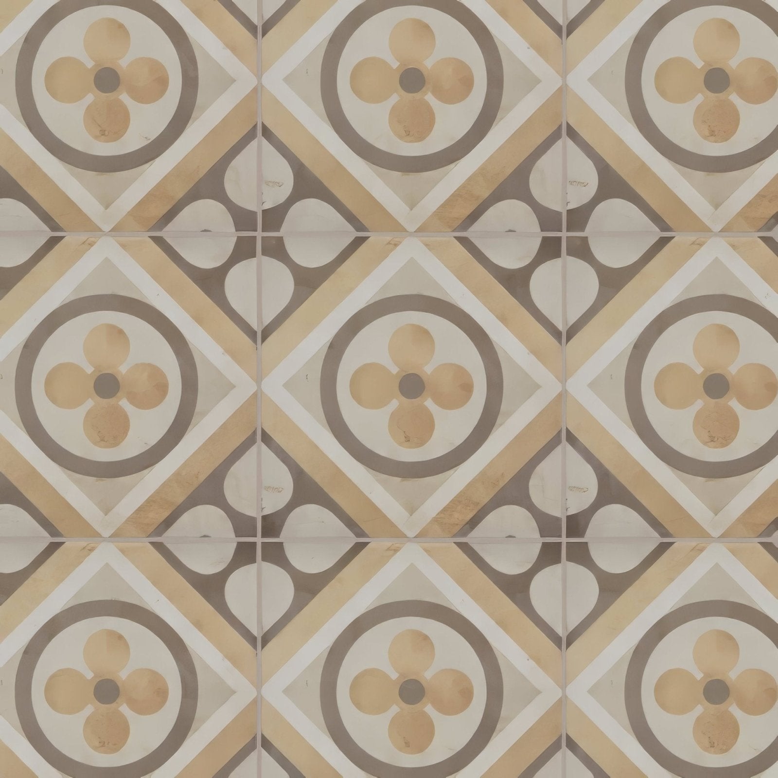 Beige and gray patterned ceramic floor tiles with vintage floral design from naples elenora collection