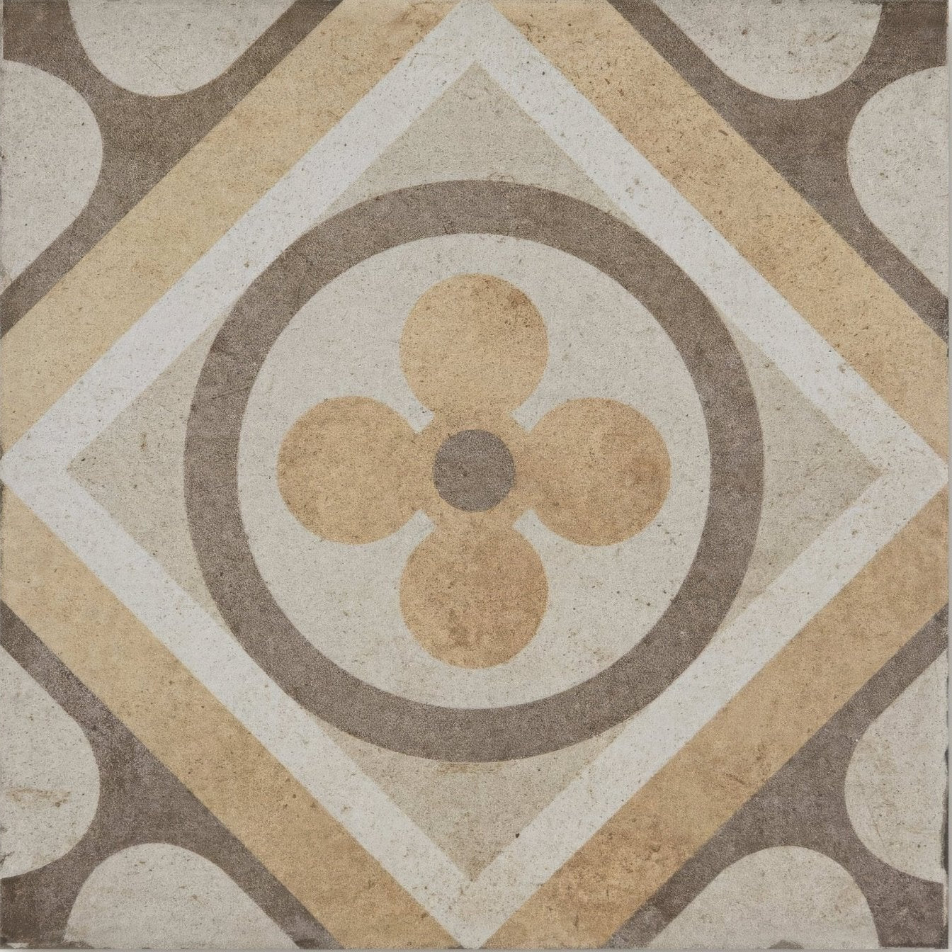 Square mosaic tile Naples Elenora with vintage-inspired geometric pattern in beige cream and muted brown tones