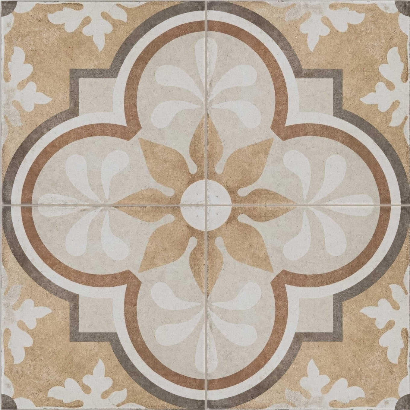 Beige and white ornate patterned tile with central quatrefoil design from Naples Francesca collection