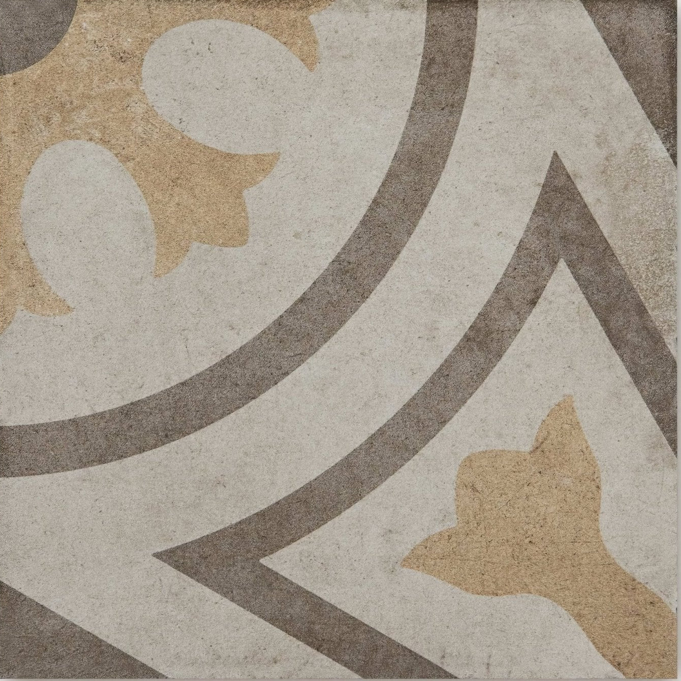 A square ceramic tile named Naples Viola with vintage beige gray and muted gold floral motifs on textured off-white background