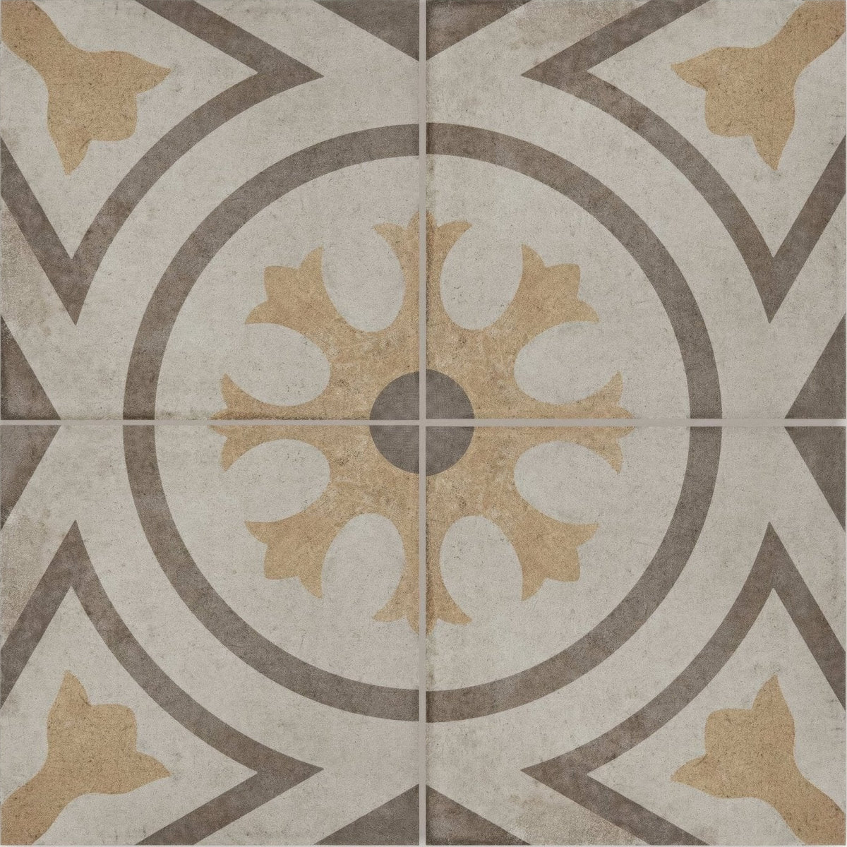 Beige and gray patterned ceramic tile with a central floral motif from naples viola collection