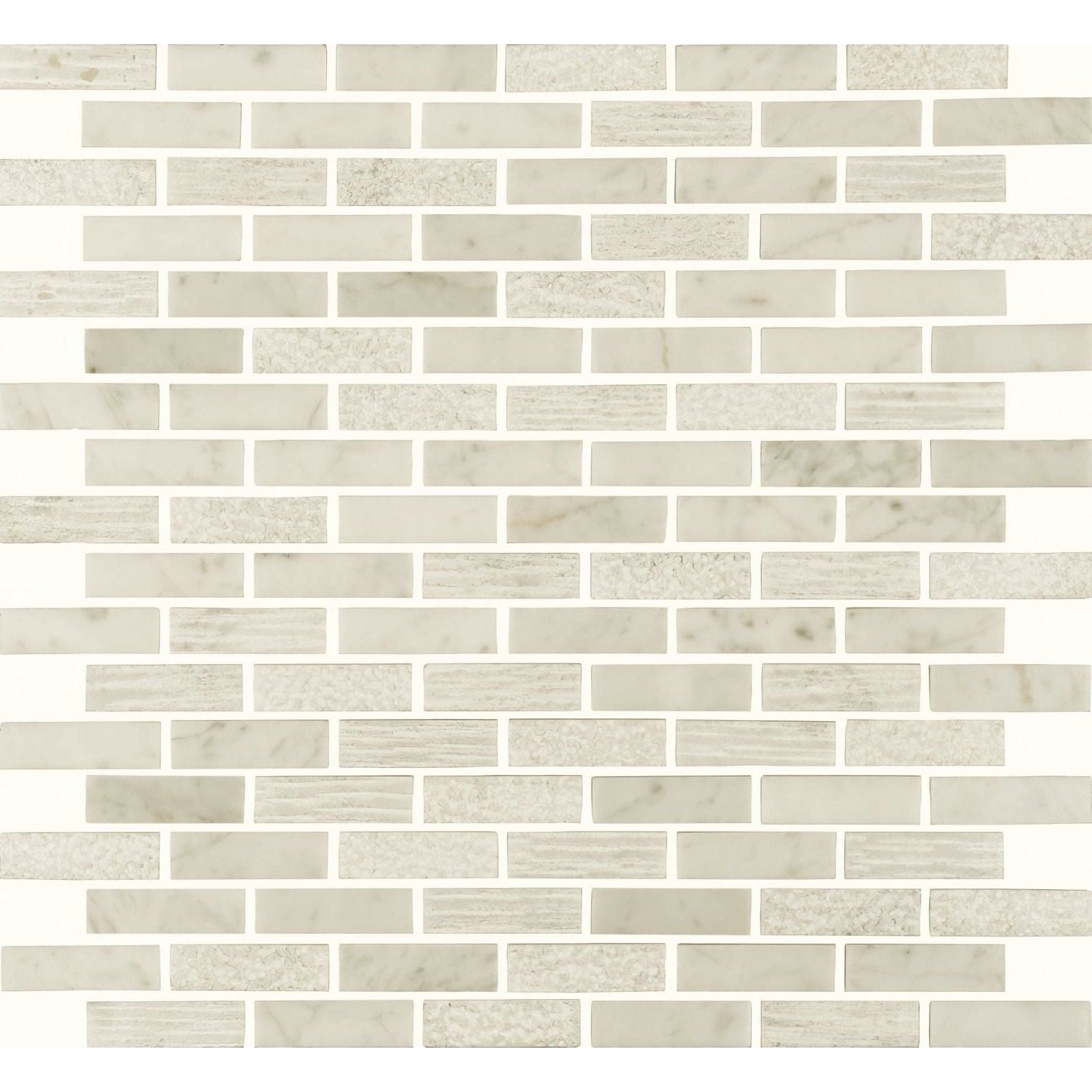 Nares brickbond marble mosaic featuring white marble subway tiles with subtle gray veining and polished finish