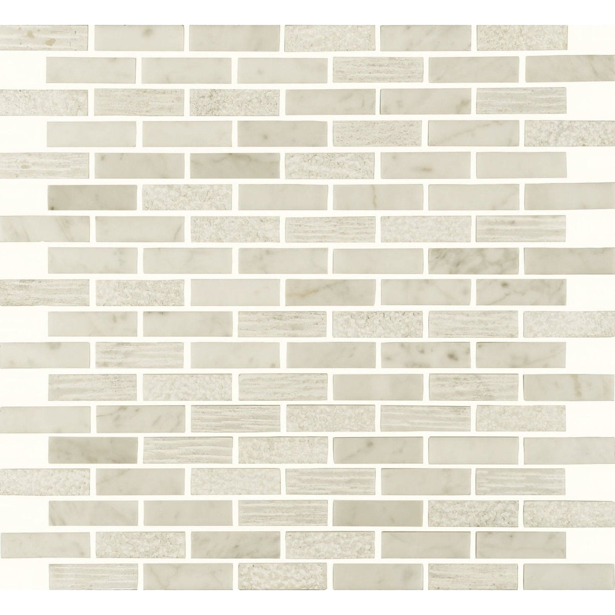 Nares brickbond marble mosaic featuring white marble subway tiles with subtle gray veining and polished finish