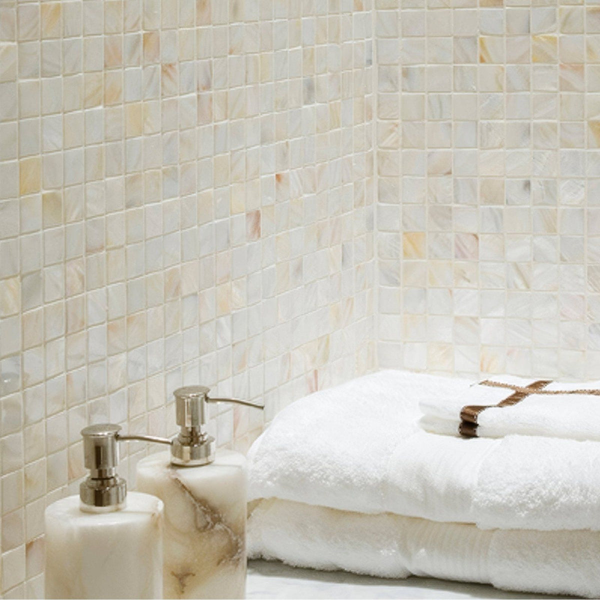 Beige and white mother of pearl mosaic tile wall with natural 25mm square tiles for decorative surfaces