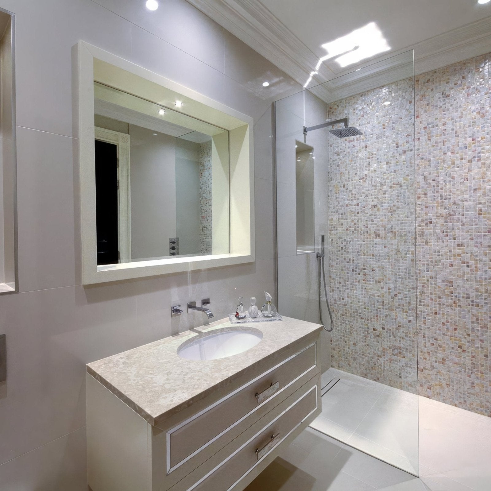 White vanity with natural 25mm square marble countertop and integrated sink for bathroom use