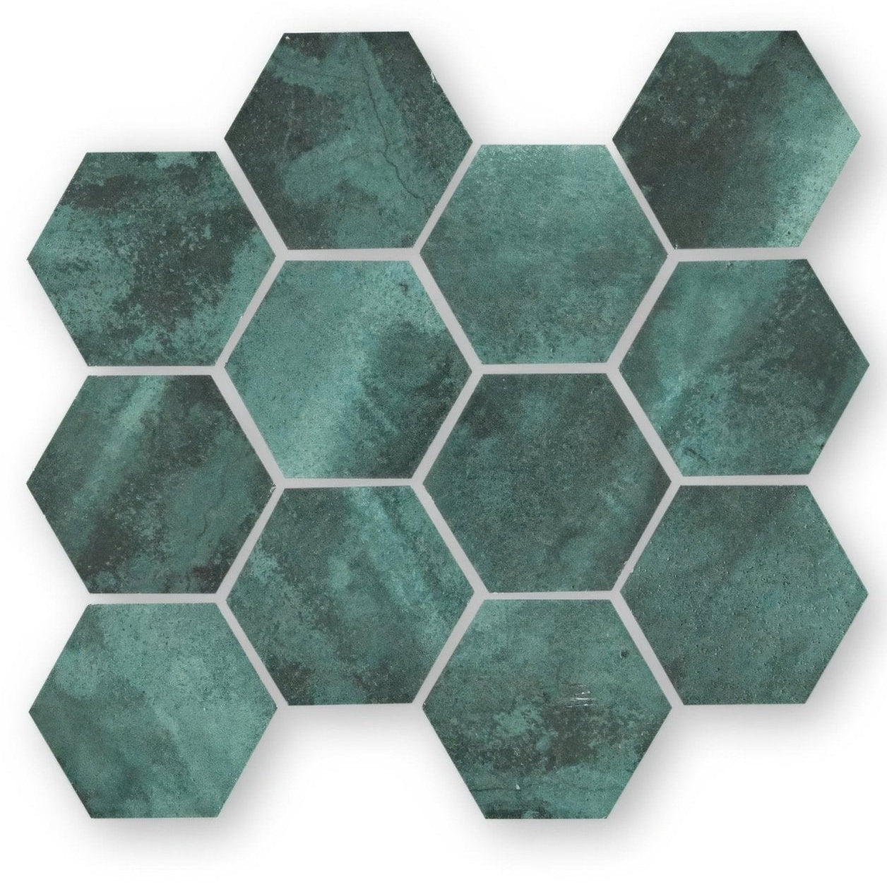 Nebula green hexagon teal-green mosaic tile with textured stone-like finish in hexagonal shape for wall or floor use
