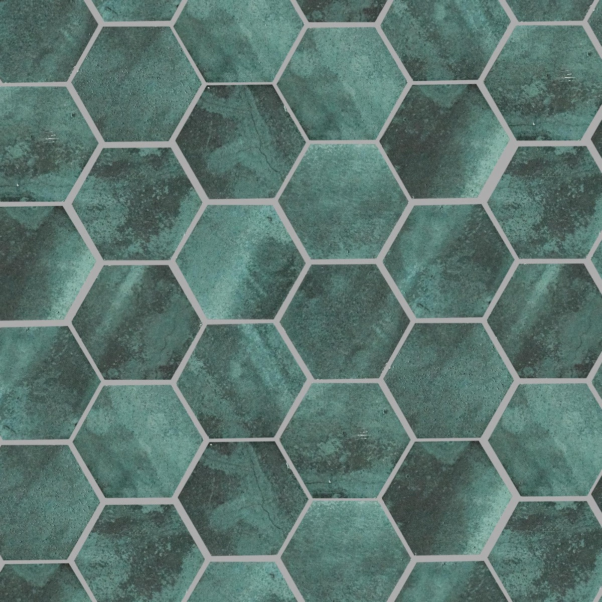 Nebula green hexagon teal hexagonal tiles with textured stone finish and thin white grout lines