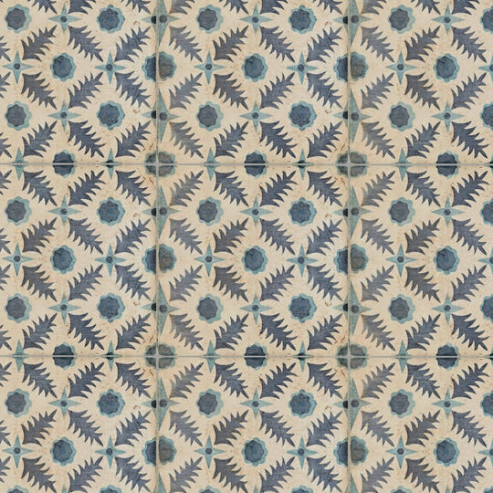 Vintage-style ceramic tiles featuring a repeating dark blue and teal leafy pattern on an off-white background by neisha crosland