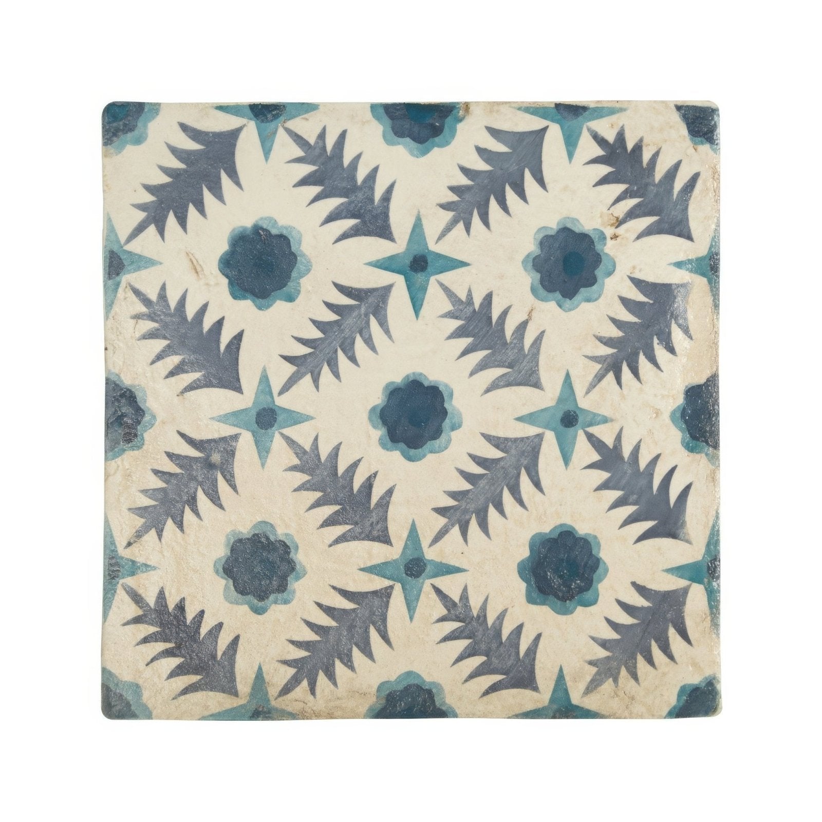 Square ceramic tile neisha crosland atlas pine flower indigo with vintage dark blue and teal floral motifs on off-white