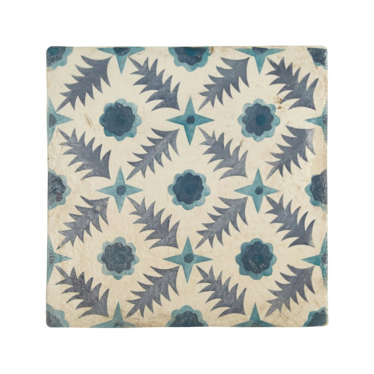 Square ceramic tile neisha crosland atlas pine flower indigo with vintage dark blue and teal floral motifs on off-white